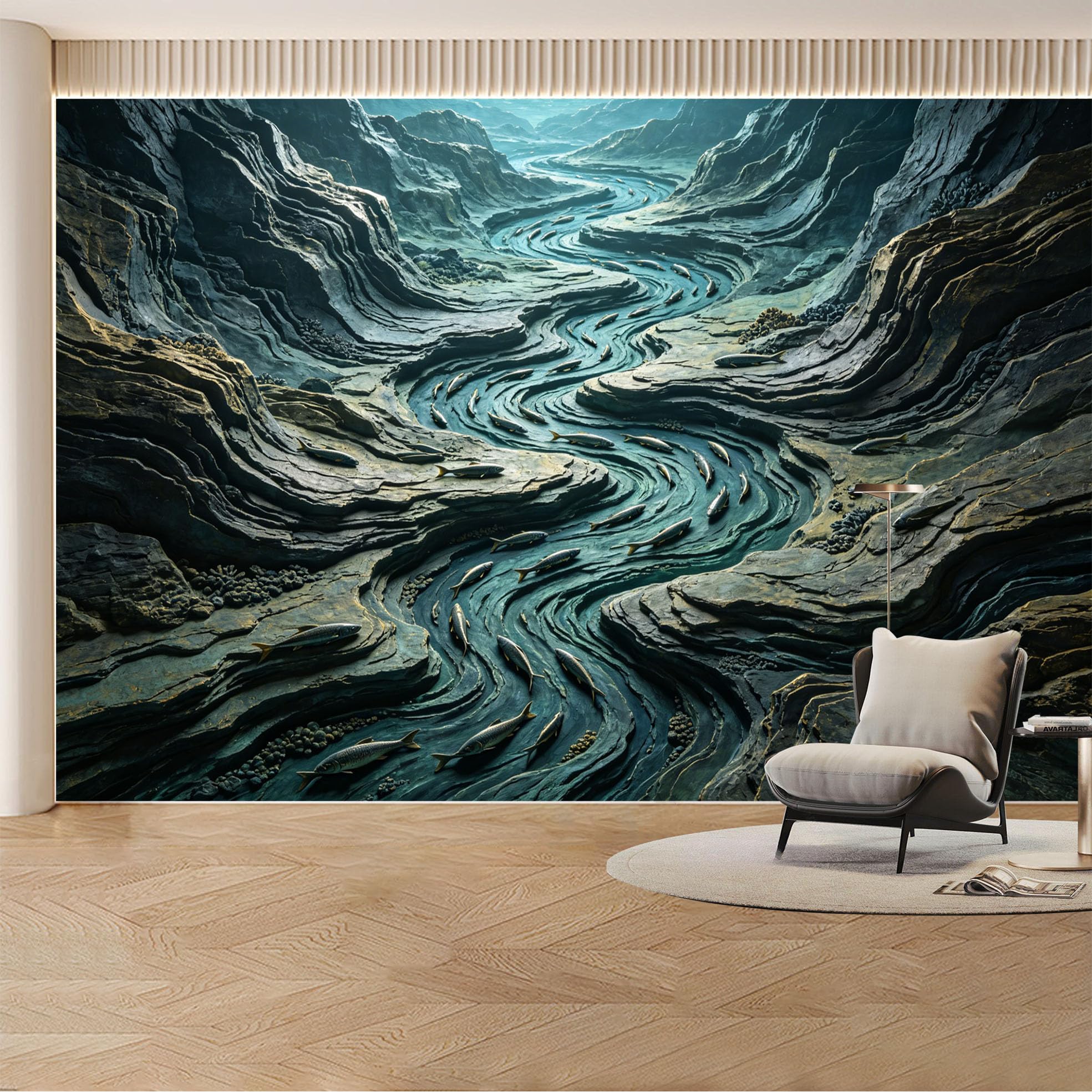 Custom Wall Mural Wallpaper River Canyon Landscape Nature 3D Effect Large Wall Art Nordic Misty Style Removable SelfAdhesive Large Photo for Living Room， Bedroom， Office