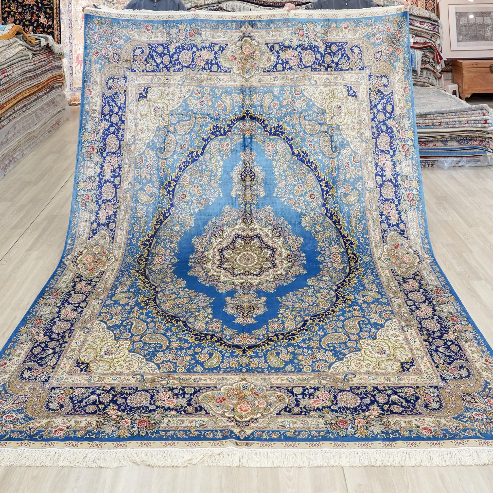 Yuchen Silk Carpet 8x10 Blue Hand Knotted Medallion Traditional Vintage Oriental Silk Area Rug for Living Room