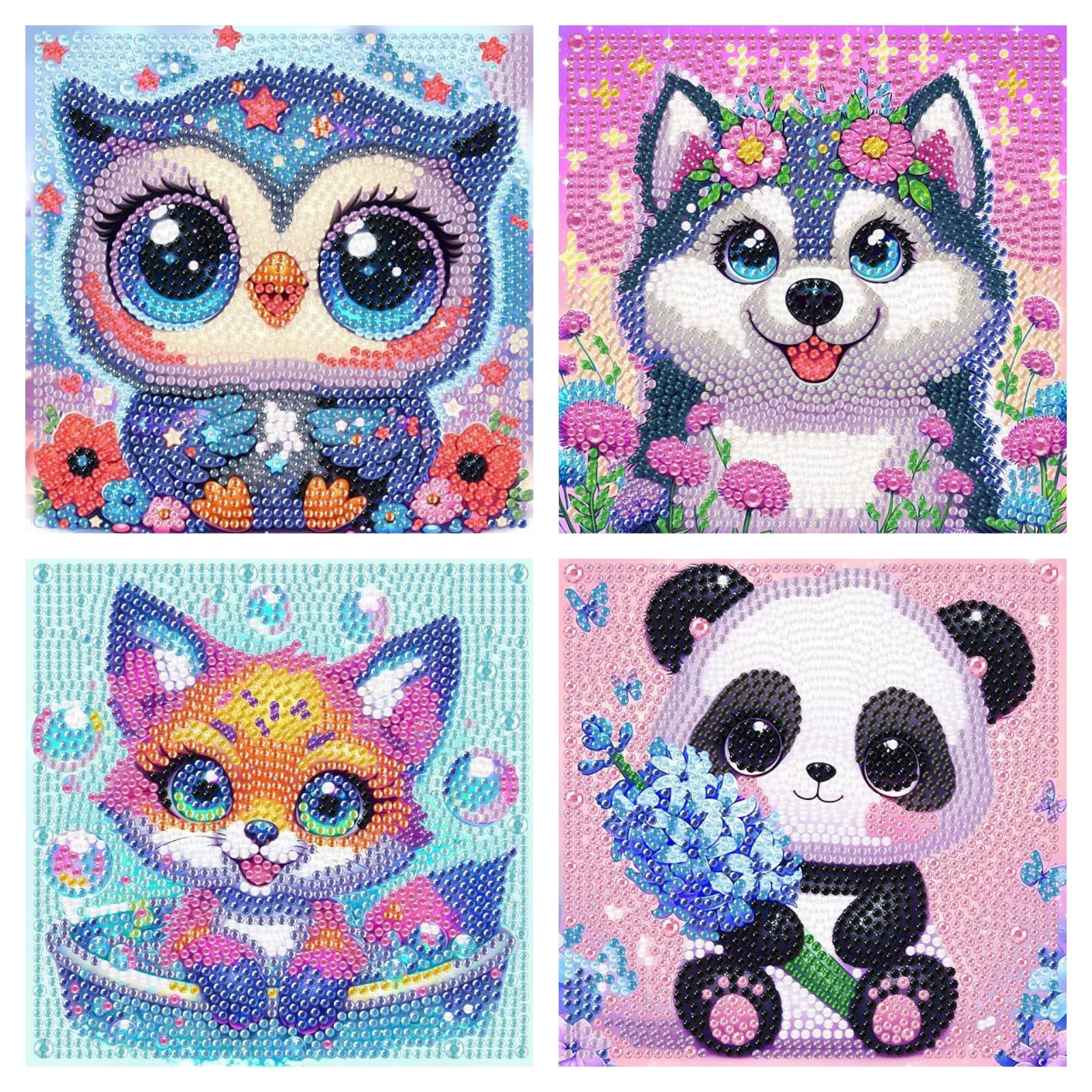 Diamond Painting Kids Brillante, Diamante Painting Cuadros DIY, Diamante Painting Animales, Pintura Diamante Infantil para Regalo, Dibujos con Diamantes para Casa Decoración, 4 Piezas 15x15cm