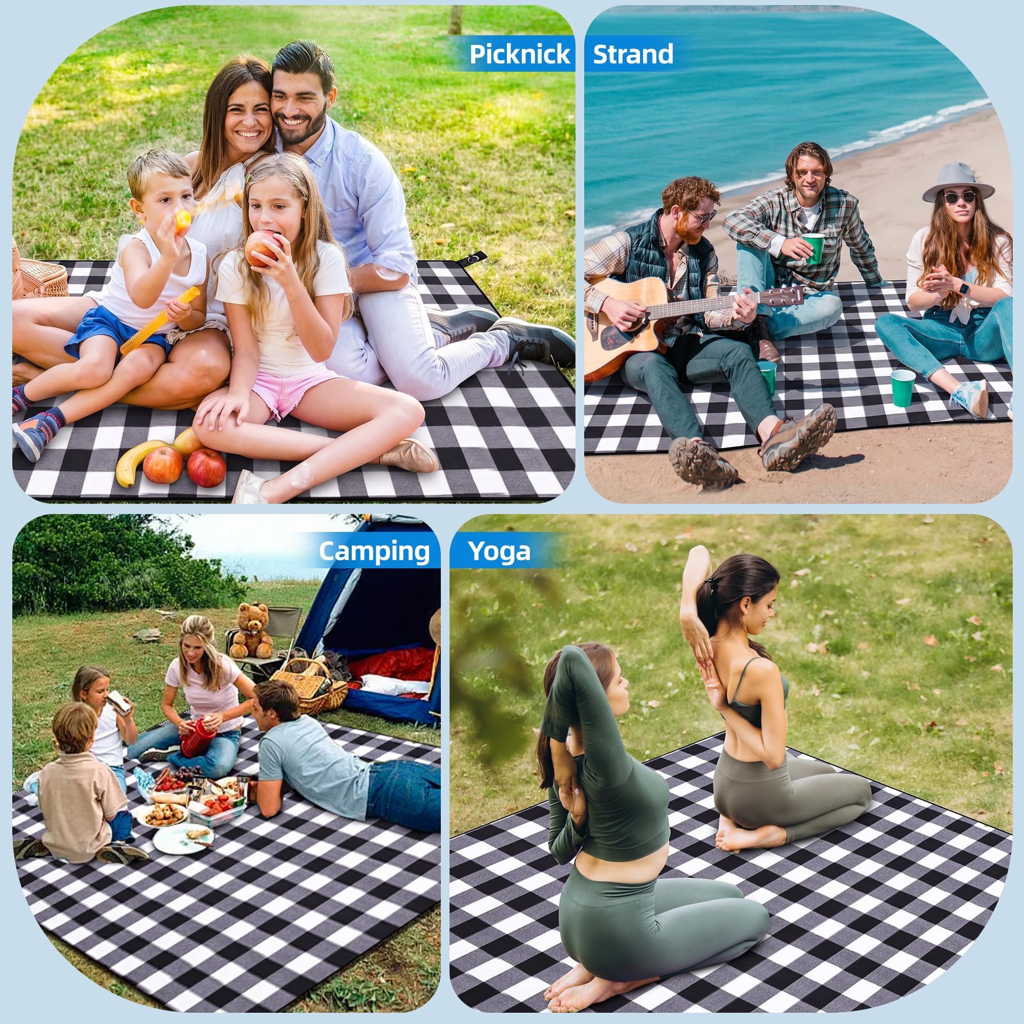 Gucass Koc piknikowy, wodoszczelny, 200 x 200 cm, koc piknikowy z uchwytem do noszenia, składana mata plażowa, bez piasku, nadaje się do prania, BBQ, piknik, wędrówki, w podróż, koc kempingowy (kratka