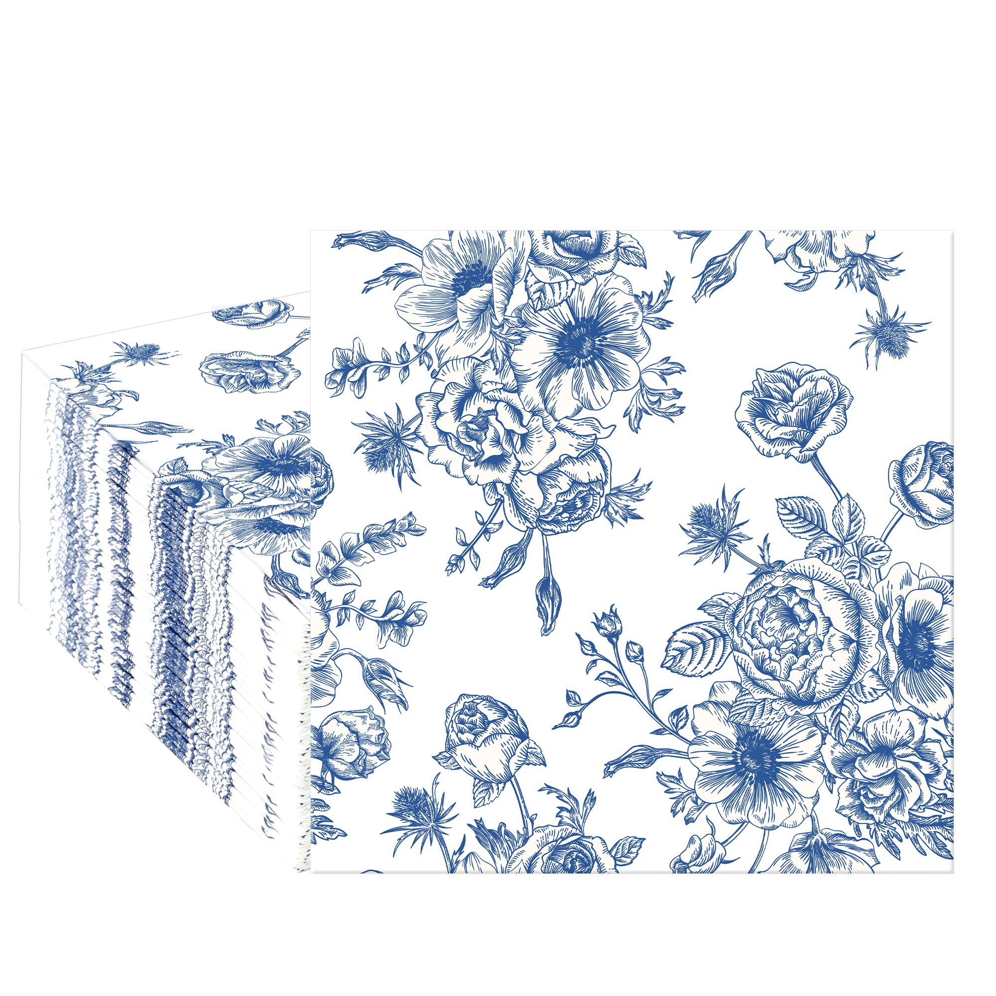 50 PCS Blue Floral Cocktail Napkins Blue and White Flower Paper Napkins 3-Ply Disposable Flowers Beverage Napkin for Wedding Bridal Shower Birthday Baby Shower Party Supplies, 5 x 5 Inch