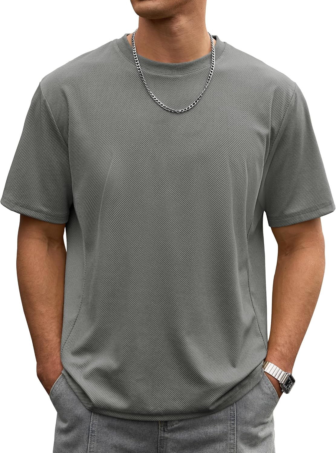Mens Oversized Textured Tshirt Casual Midweight Summer Crewneck Street T-Shirt (S-XXL)