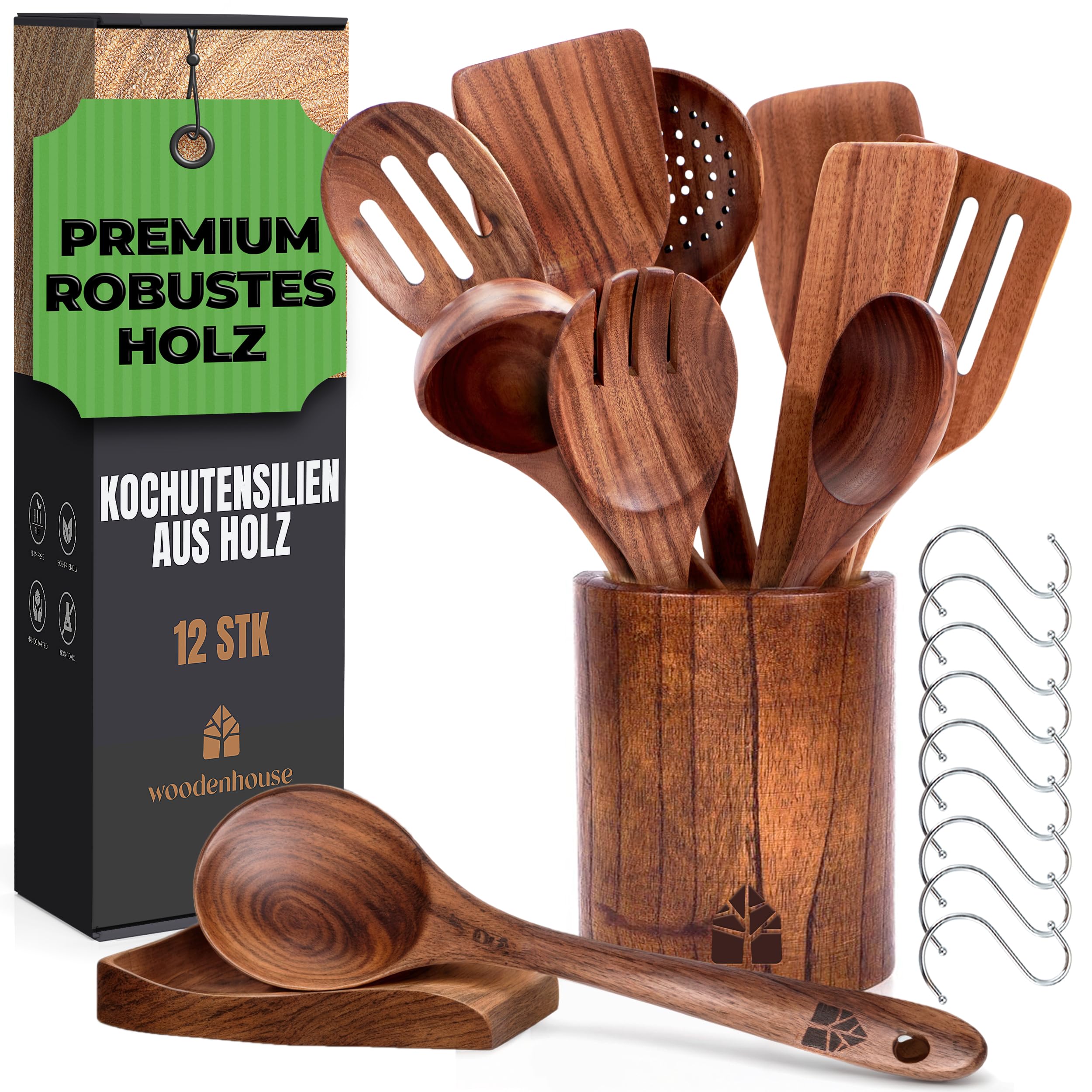 Holz kochlöffel Set 12 Stück aus Teakholz - Robuste Holzlöffel Set mit Halter, Haken und Ablage, Pfannenwender Holz & Kochbesteck - Natürlich & Perfekt für Antihaft, BPA-FREI küchenhelfer