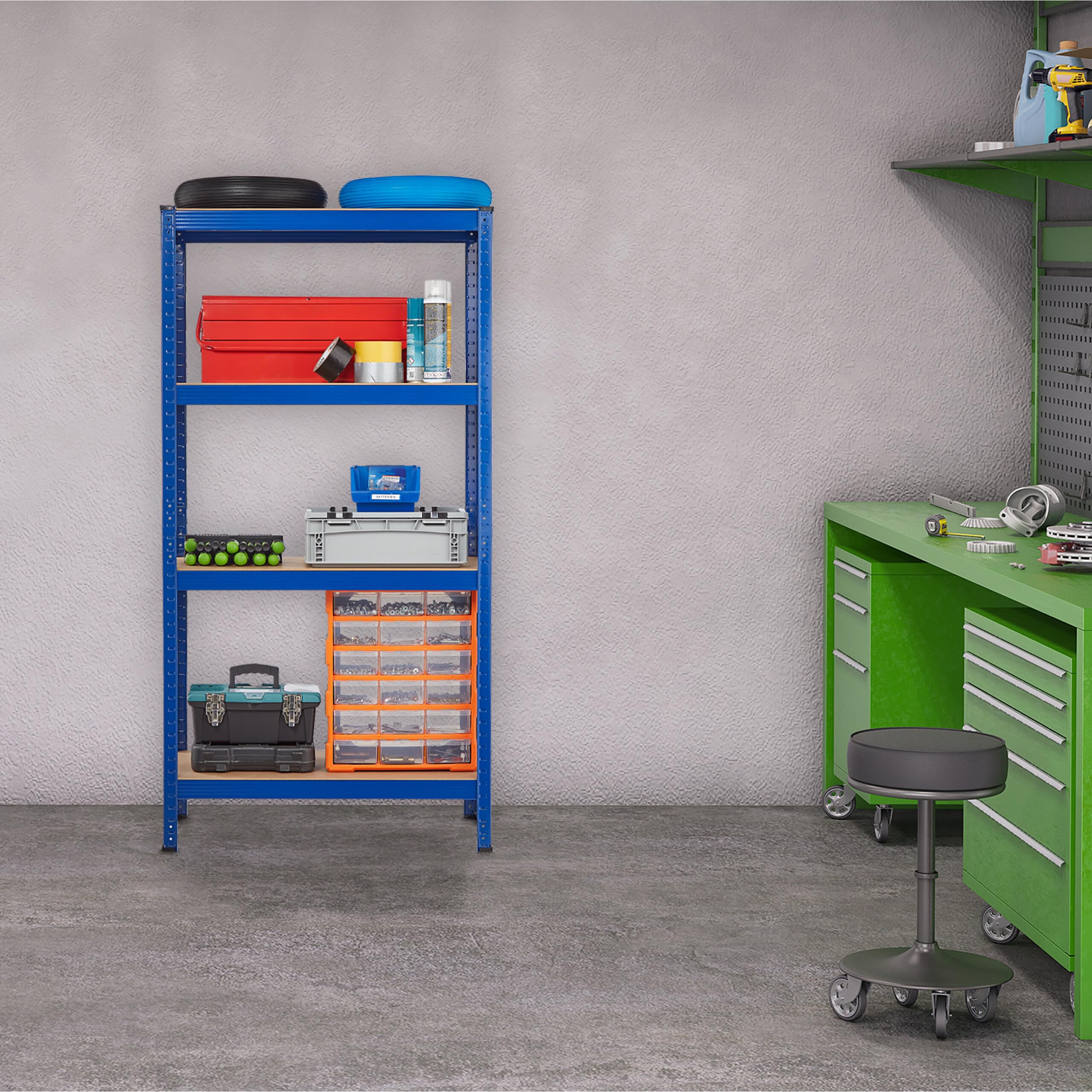Relaxdays Schwerlastregal, 4 Ebenen, HBT 157 x 80 x 41 cm, 280 kg Tragkraft, Metall, Lagerregal für Keller, Garage, blau