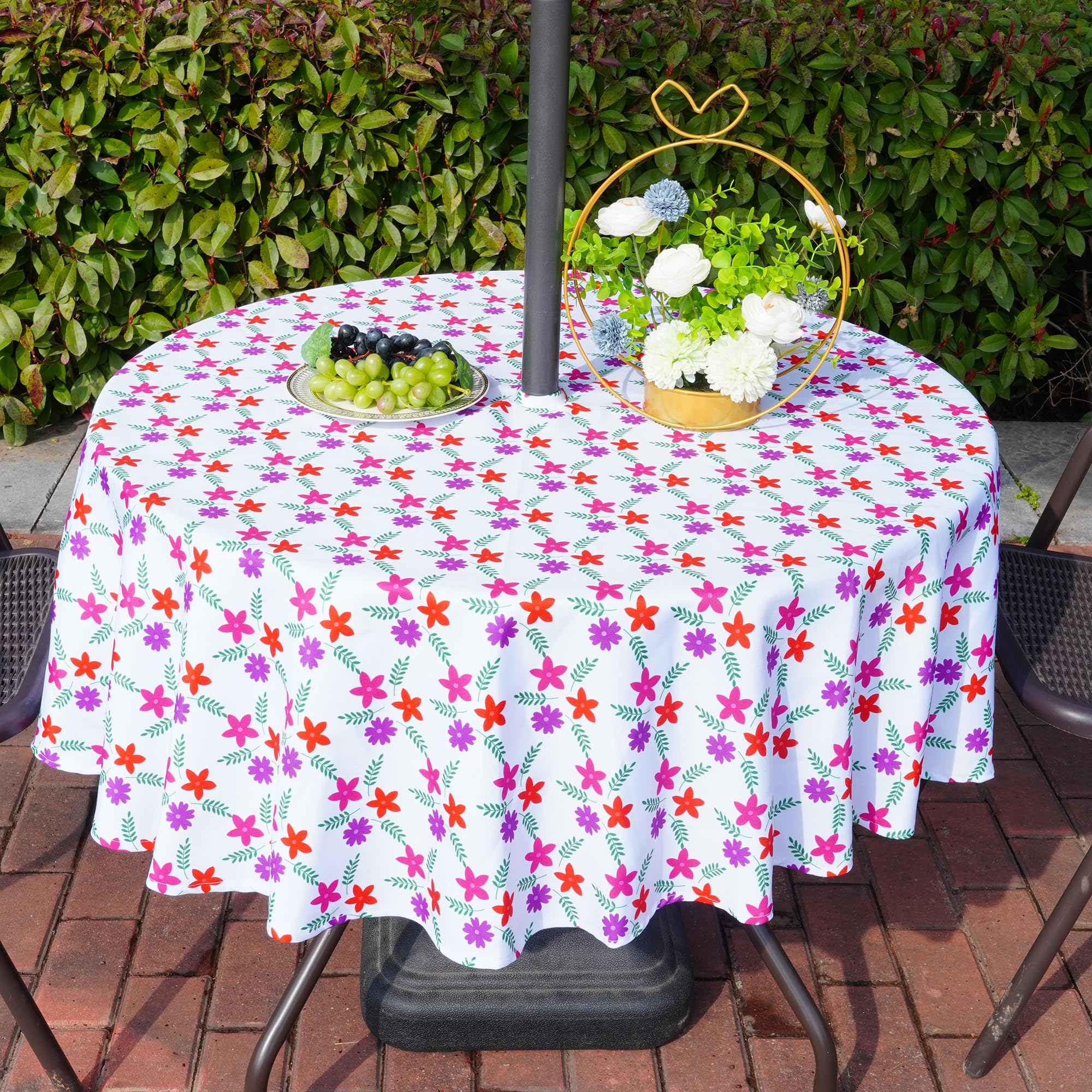 Eternal Beauty 60" Round Tablecloth Waterproof Outdoor Tablecloth with Umbrella Hole Zipper for Spring Summer Patio Picnic Tables (Red-Purple Flower, 60" (Round))