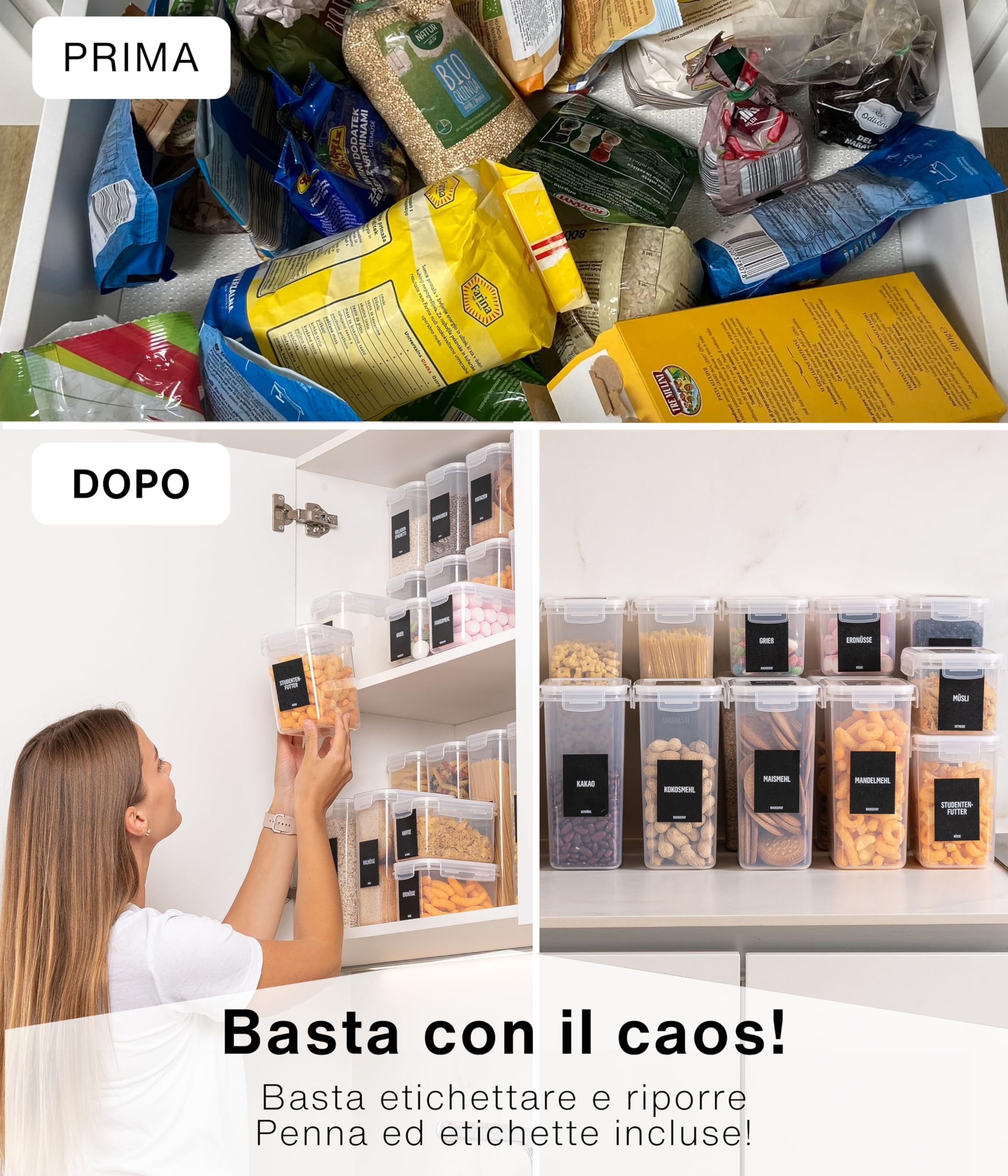 Deco haus Contenitori Ermetici per Alimenti - Contenitori Ermetici Alimentari Plastica con Coperchio per Alimenti Set - Barattoli di Plastica Non BPA - Usi in Cucina - Set di 24