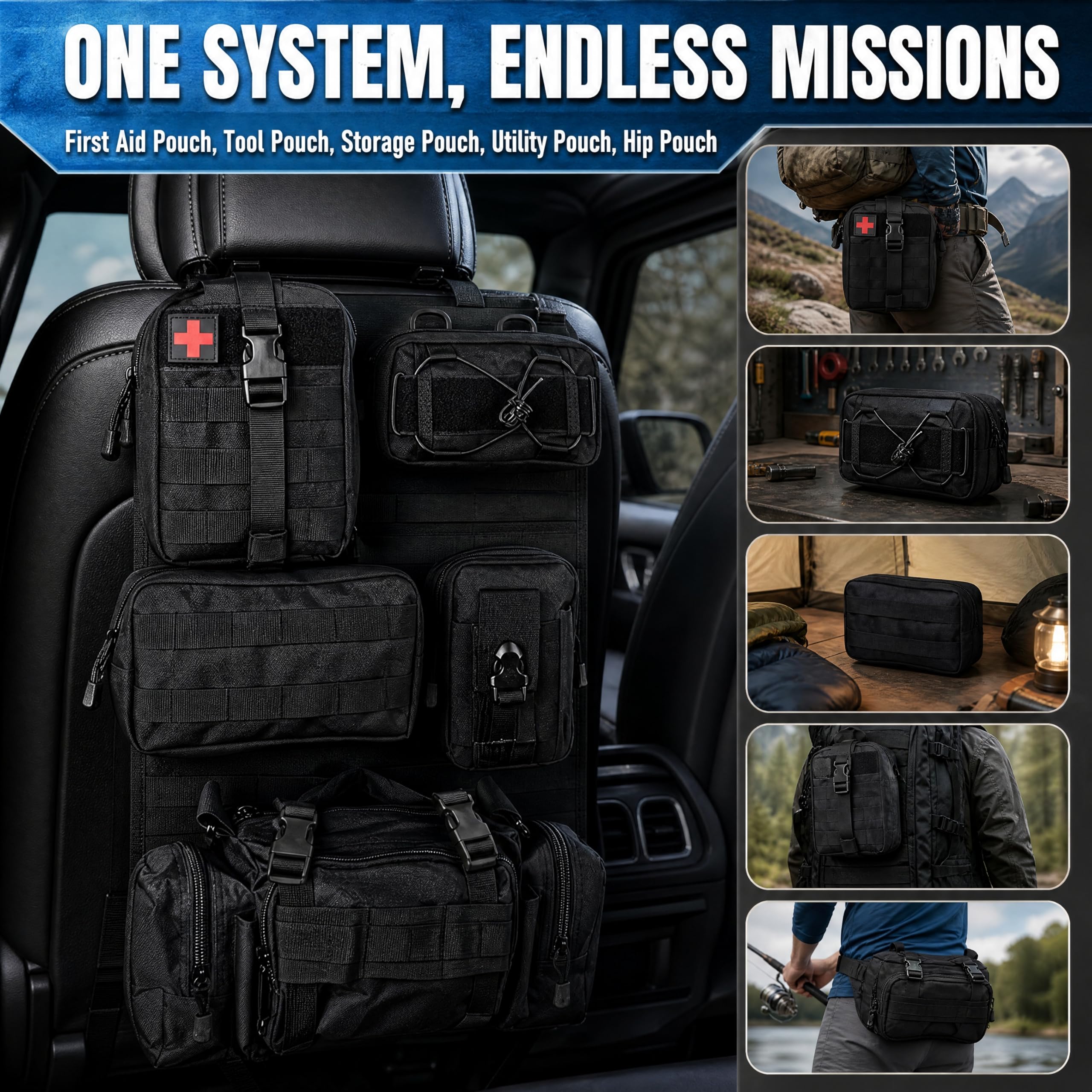 Universeller taktischer Organizer für die Rückseite von Autositzen mit 5 abnehmbaren Molle-Taschen für Auto, SUV