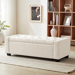 huateanhome 48" Beige Storage Ottoman Bench with Safety Hinges, 330lb Upholstered Seating for Bedroom & Living Room
