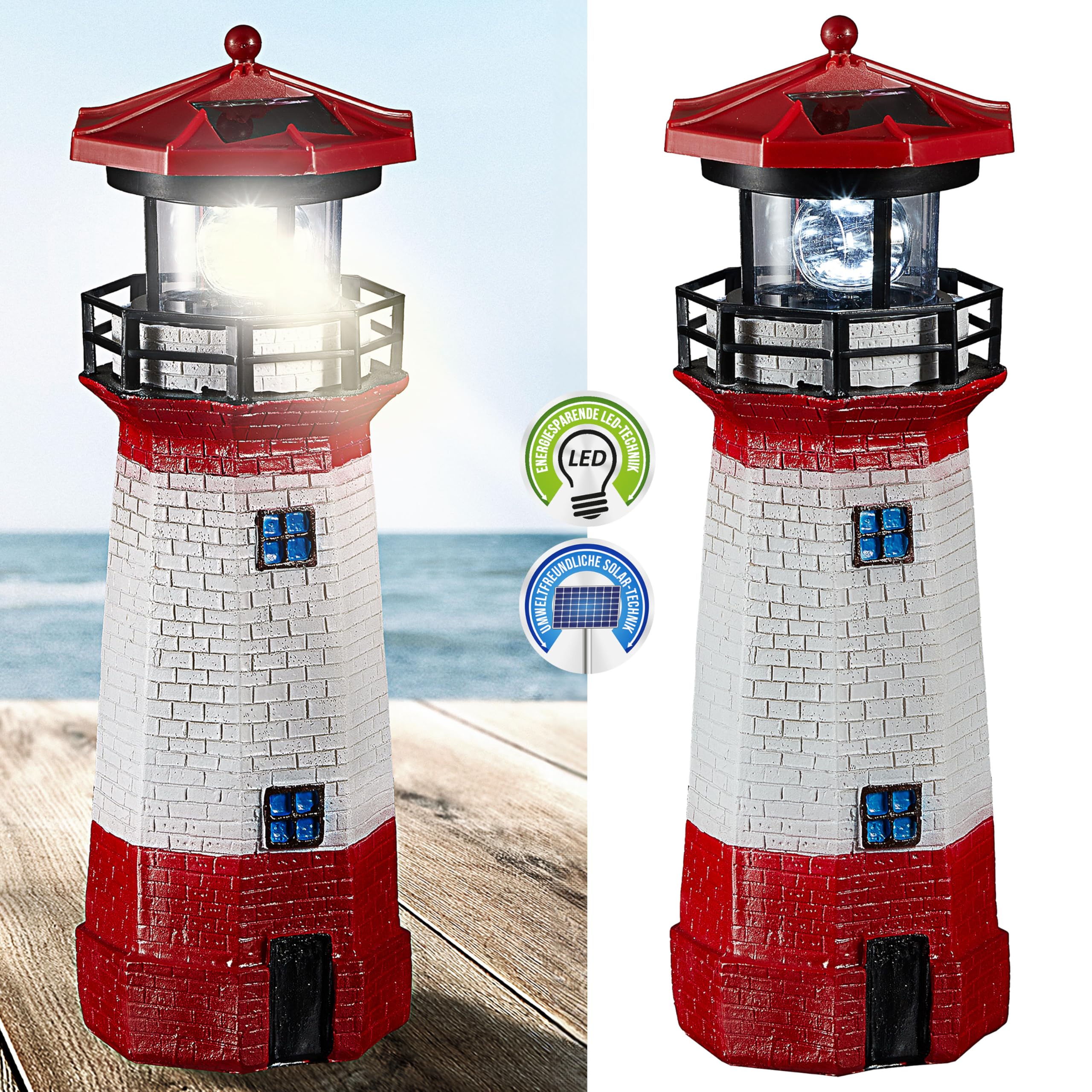 Cepewa Latarnia solarna LED, wys. 28 cm, czerwono-biała, dekoracja ogrodowa, latarnia morska, wieża, oświetlenie solarne (1 x solarna latarnia LED wys. 28 cm)
