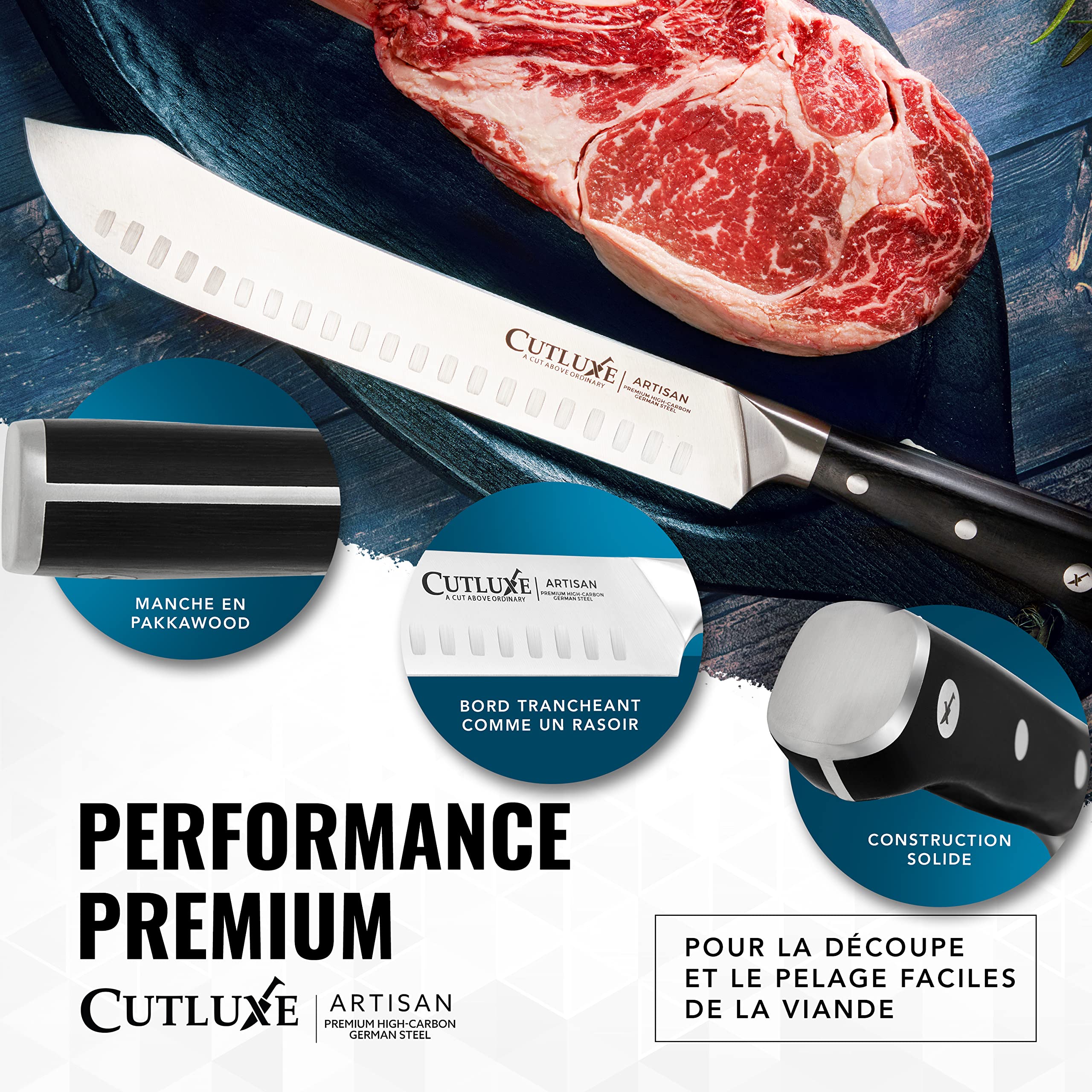 Cutluxe Couteau de Boucher Bullnose - Couteau a Viande 25cm - Acier Allemand à Forte Teneur en Carbone - Couteaux de Chef Professionnel Tang Complet - Série Artisan