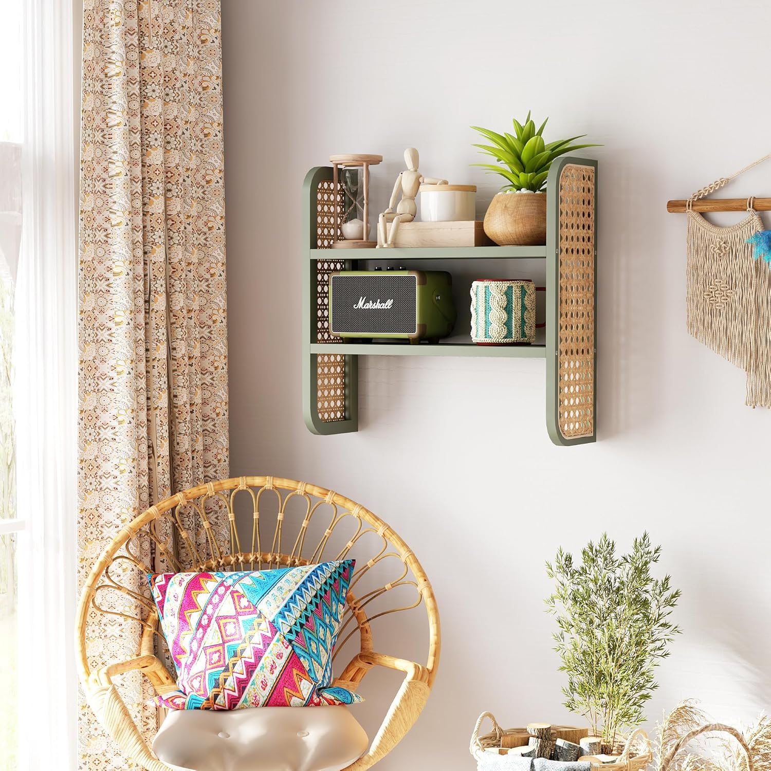 2-Tier Rattan Shelf, Green Rattan Bookshelf Wall Mounted, Handmade Woven Display Shelf, Decorative Boho Shelves for Entryway, Nursery, Kitchen, Living Room