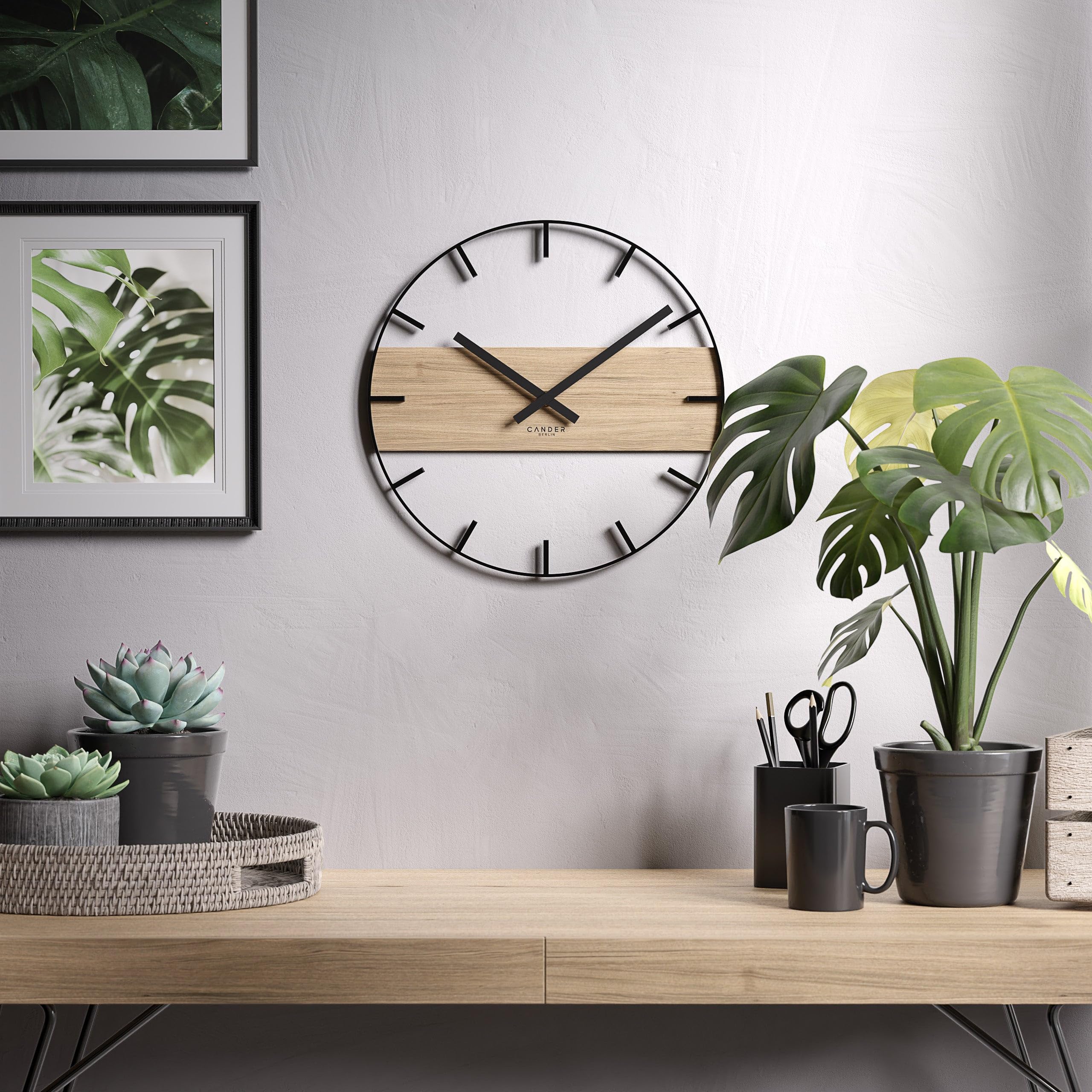 Cander Berlin MARLIT Vintage Wanduhr lautlos 33 cm Metall Holz Eichenfurnier ohne Tickgeräusche modern schwarz Wohnzimmer