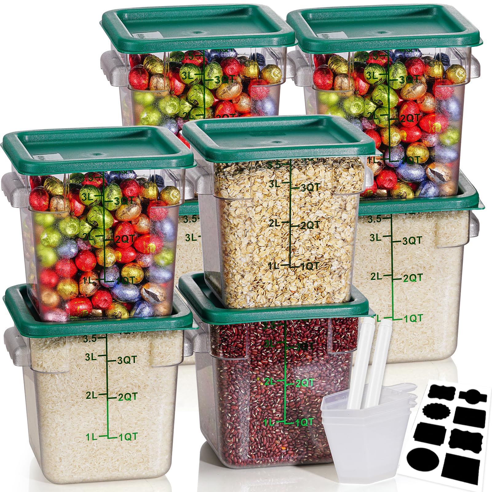 4QT NSF Food Storage Containers: 8 PCS [Food Grade][Hot&amp;Cold Resistant] Commercial Clear Square Food Storage Containers with Scales Handles for Home Restaurant Kitchen Proof Dough(BPA FREE-GREEN)
