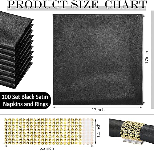 Miniatura 3 de Paquete de 100 servilletas de satén con 100 servilleteros dorados de 17 x 17 pulgadas, servilletas de tela a granel, lavables, suaves,