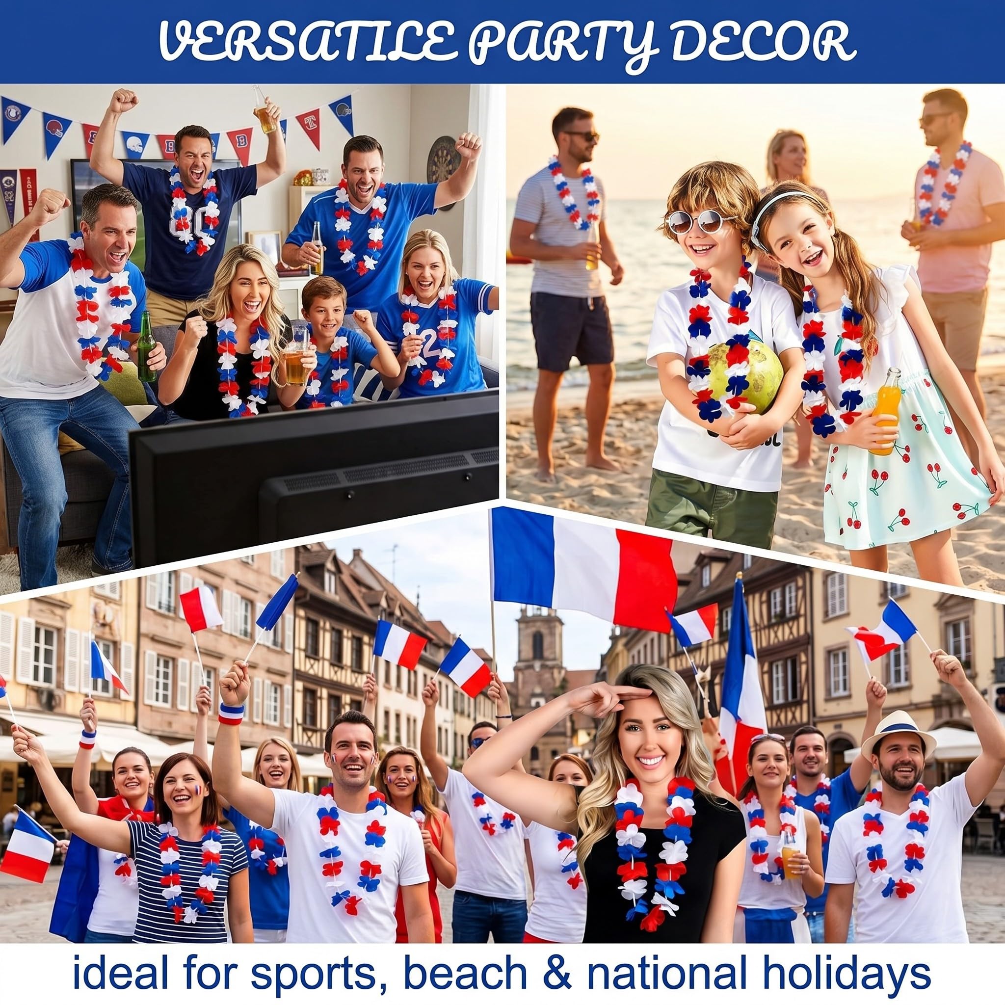 Lot de 6 Colliers Hawaïens Bleu Blanc Rouge, accessoire supporter France pour matchs de football, collier de fleurs en polyester 96cm pour adultes et enfants, idéal pour fêtes