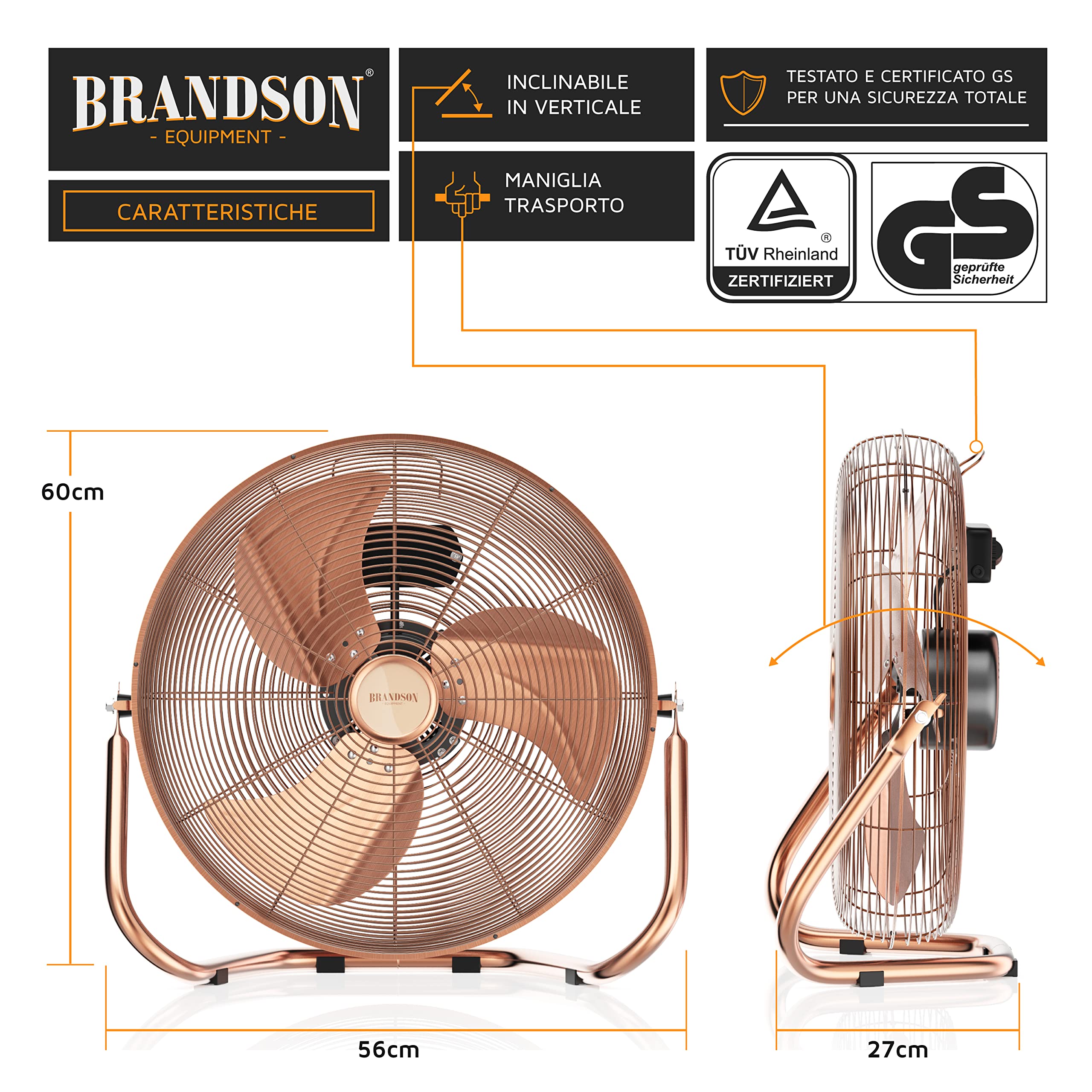 Brandson - Macchina del Vento - L'Originale Super Ventilatore - Largo 53,5cm - 3 - Livelli di Potenza - 160W di Potenza Max - Design Retro - Rame