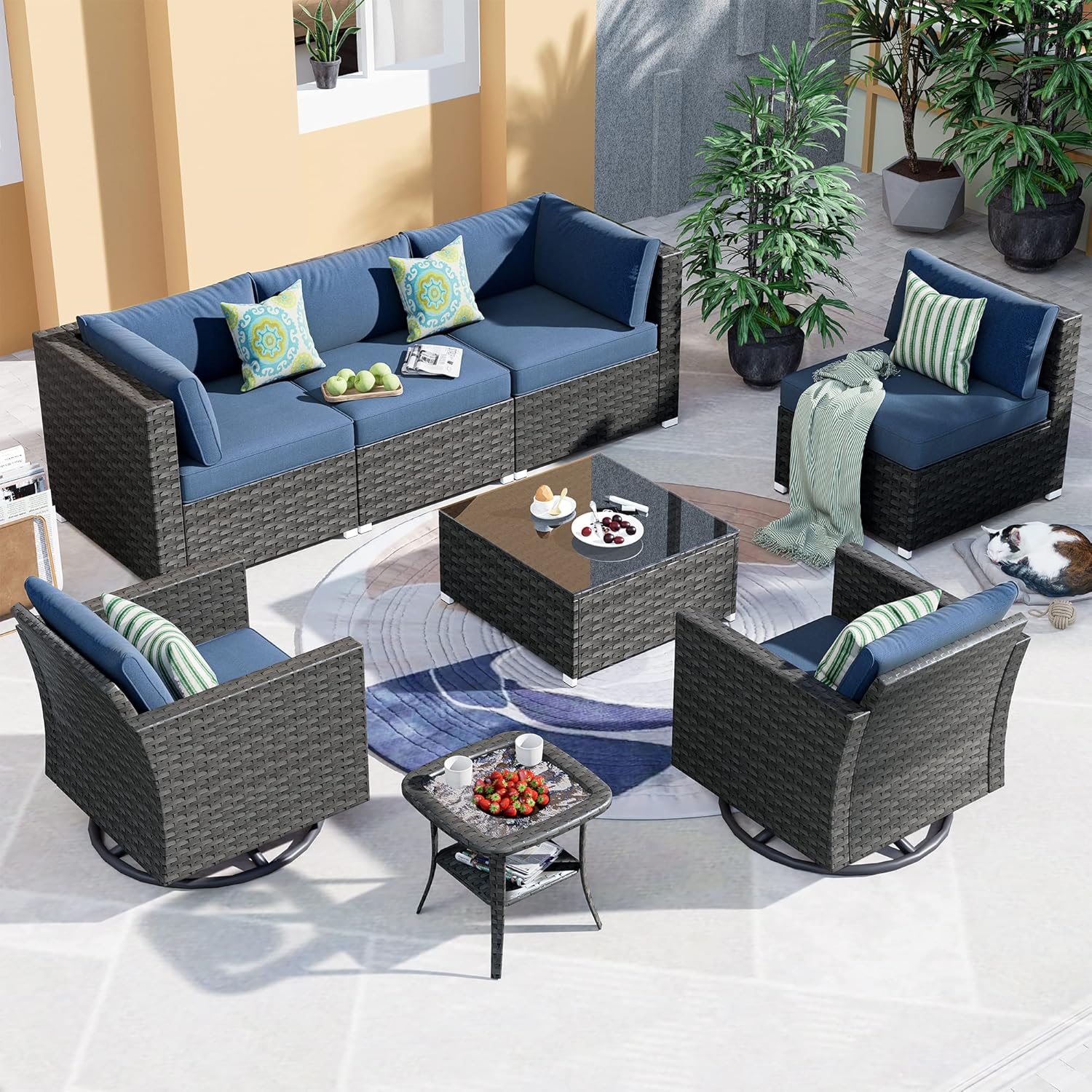 Outdoor Furniture Patio Sectional Sofa Swivel Rocking Chairs 8 Piece All Weather PE