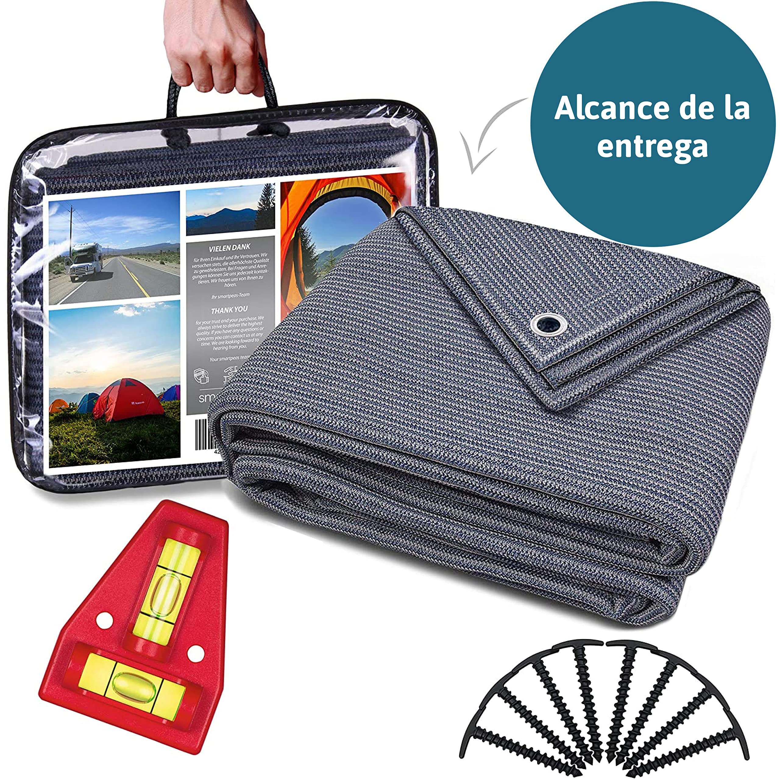 Alfombra De Toldo - Suelo De Polietileno Azul / Gris (Hdpe) Con Ojales De Acero Inoxidable - Muy Robusta Y Lavable - Incluye Bolsa De Transporte Y 8 Clavijas En Forma De T - Además: 1X Nivel De Burbuja Cruzada
