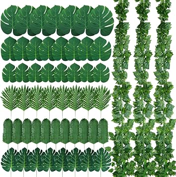 XunYee 84 Pcs Total 165.35 ft Jungle Theme Party Decoration, Tropical and Monstera Palm Leaves, 2026 Artificial Ivy Rattan Vines, Fake Greenery Faux Leaves for Baby Shower Safari Party Decoration Set