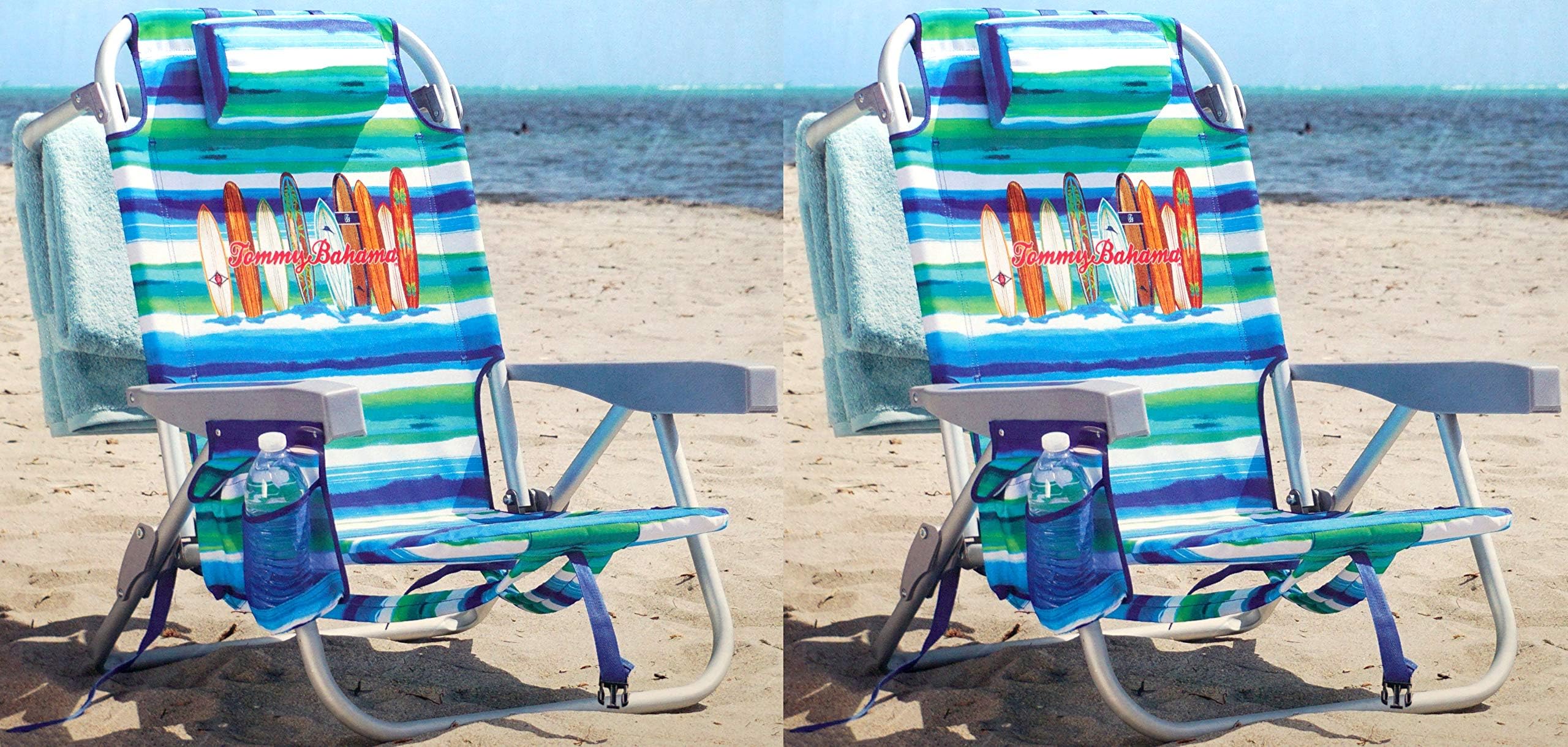 Tommy Bahama Backpack Chair - Insulated Cooler Pouch - 5 Positions (Ocean Stripes + Ocean Stripes)
