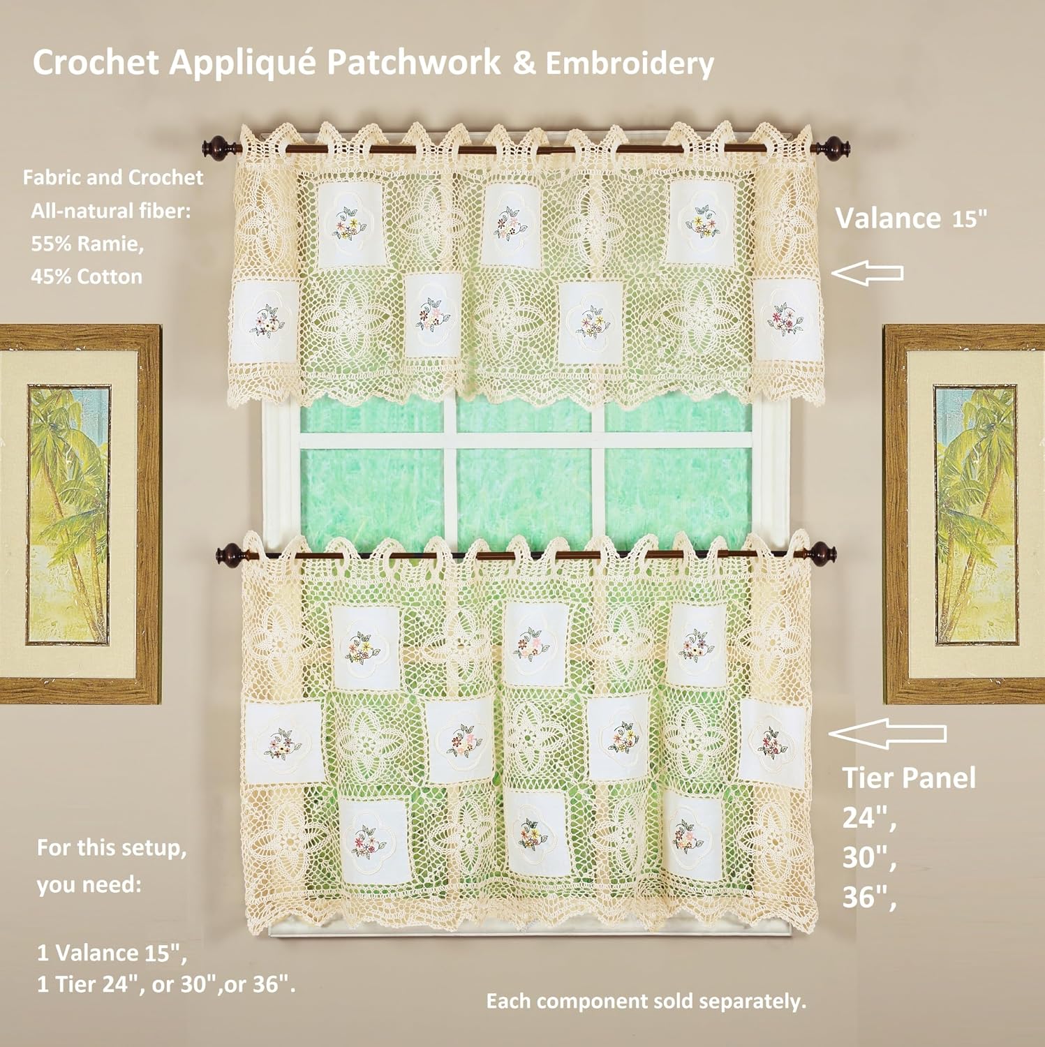 Today's Curtain Cottage Crochet Applique Valance, 15-Inch, Ecru