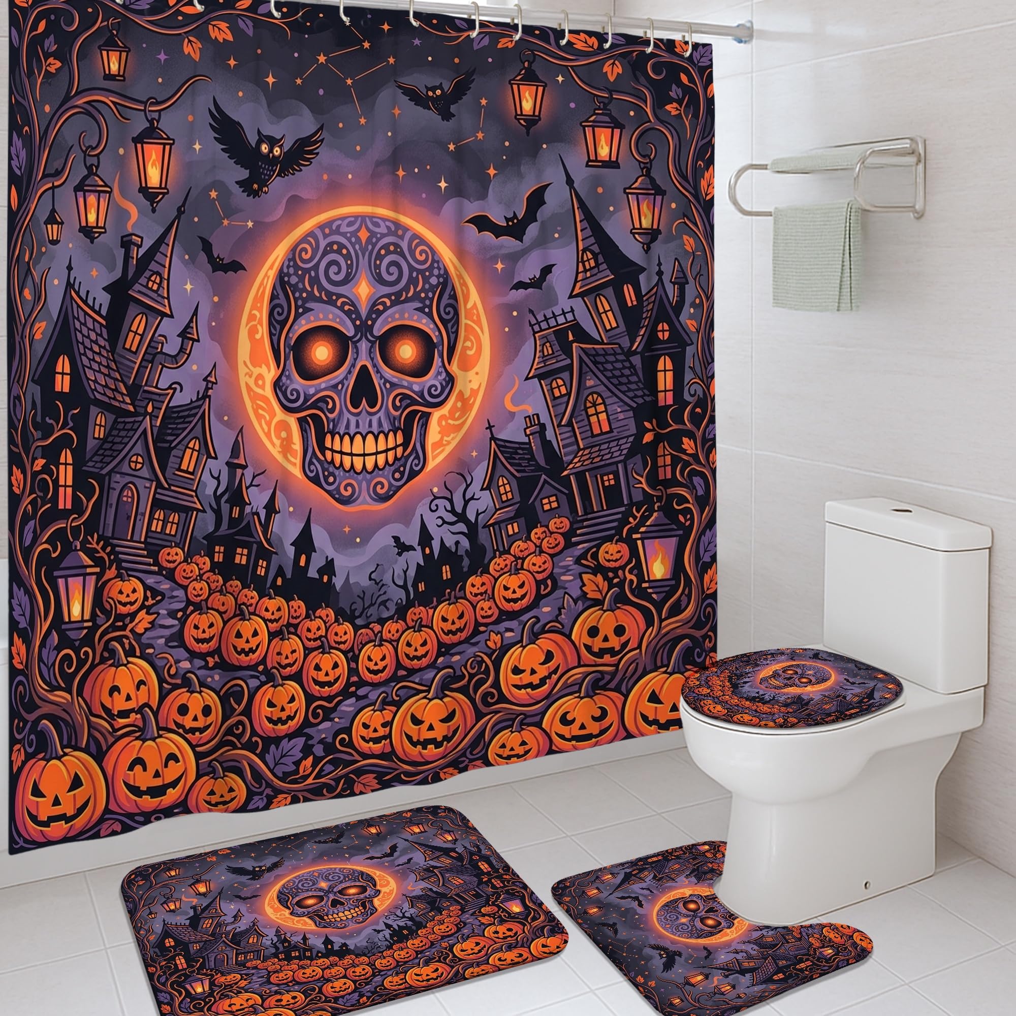 Rideau de douche tissu imperméable 183x183 motif citrouilles orange