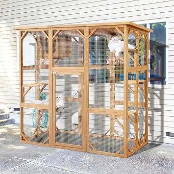 Grepatio Catio Outdoor Cat Enclosure, Large Outdoor Cats Kitten Enclosures with Weatherproof, Indoor Wood Catio House with 5 Platform and 1 Removable Cat Litter Box Natural