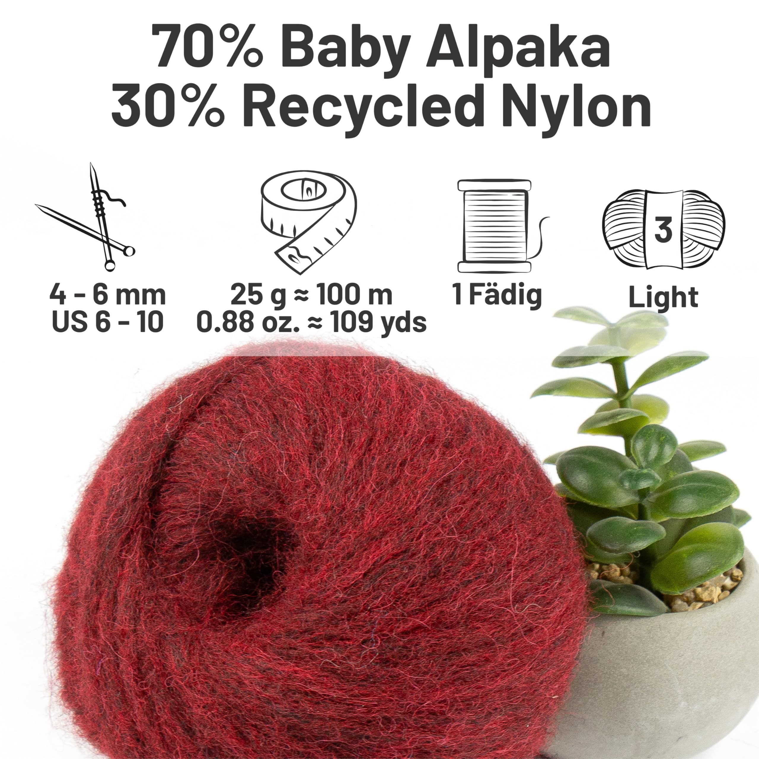 HANSA-FARM | Alpawool Baby Alpaca Light 100 DK nel set da 6 - lana leggera e antigraffio per maglia e uncinetto - HF179 Weinrot heather