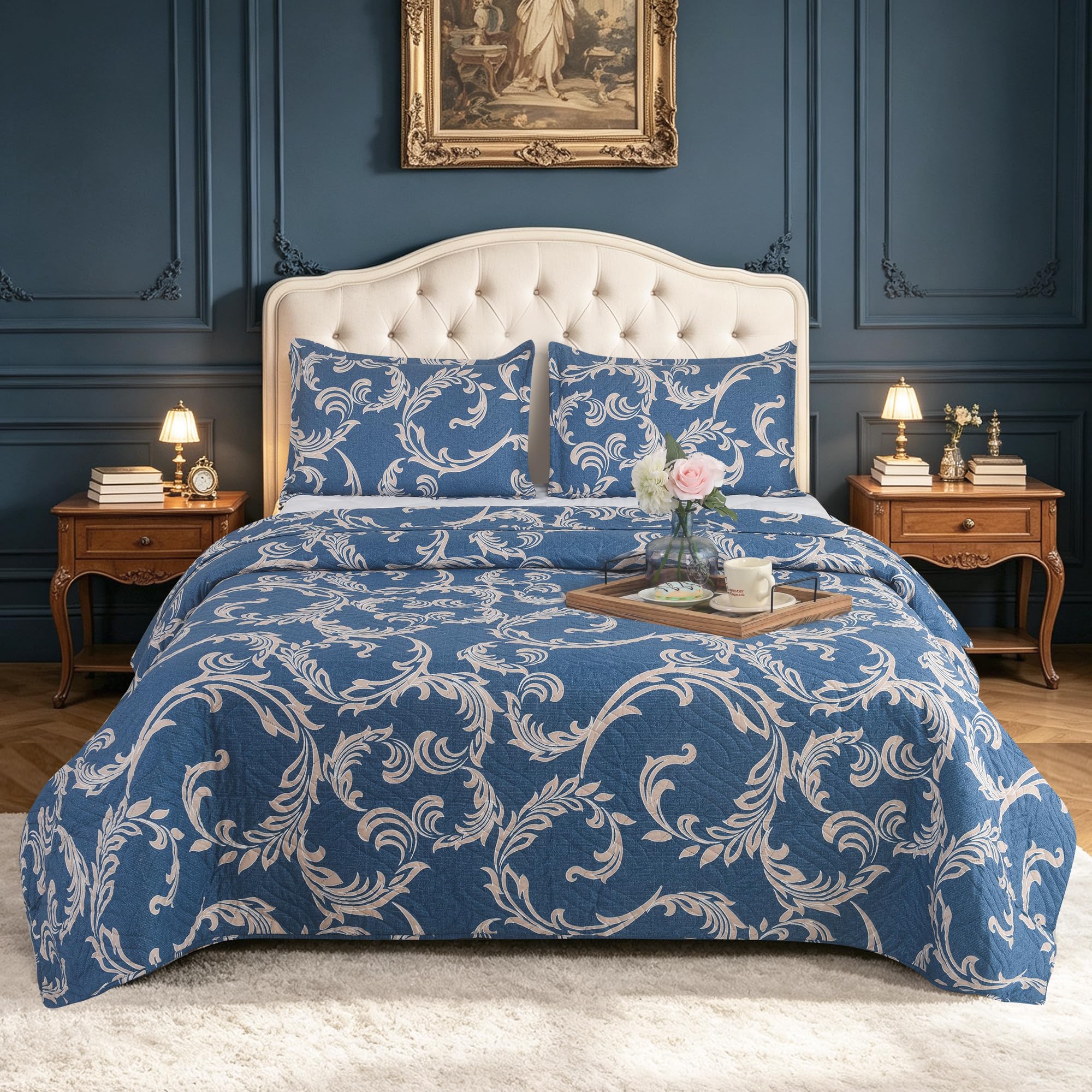 BOSKI LONDON 3 Piece Quilted Patchwork Bedspread with 2 Shams | Reversible Floral King Size & Double | Lightweight Microfiber Quilt | 220x240cm