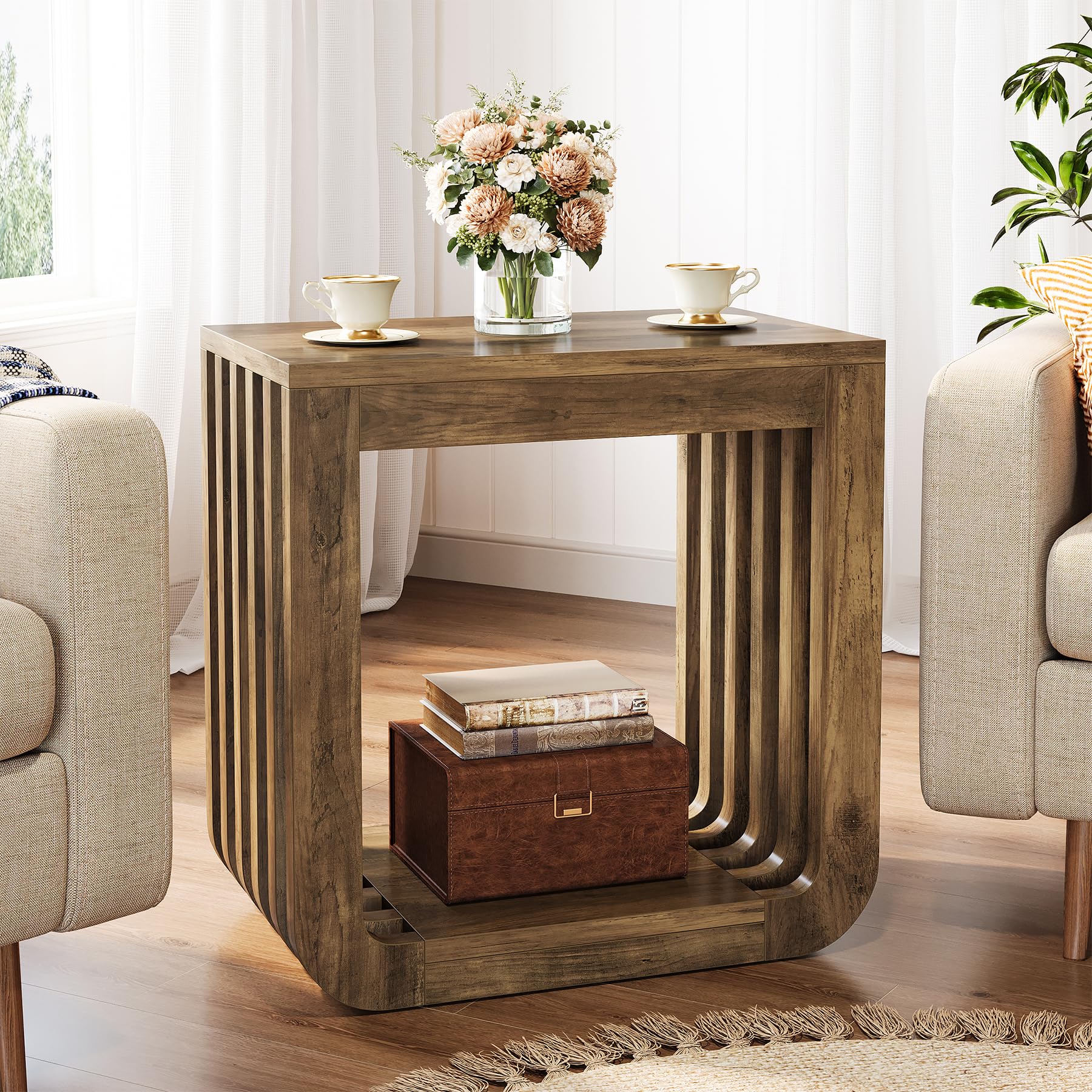 Tribesigns Side Table, Farmhouse Narrow End Table with Slatted Open Frame, Wooden Rustic Accent Sofa Side Table, Small Nightstand for Living Room Bedroom Small Spaces, Brown