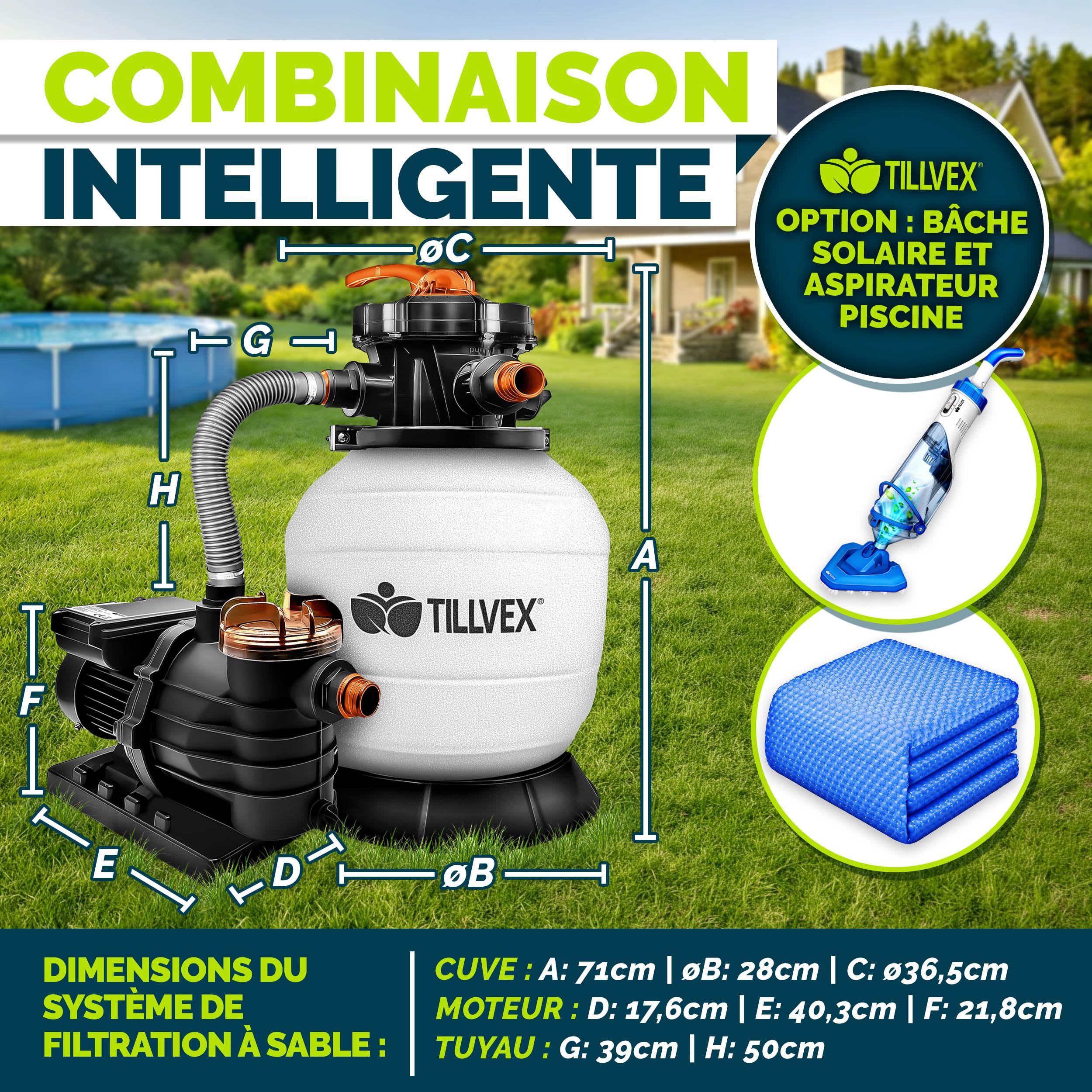 tillvex® Système de Filtre à Sable 13 200L/h jusqu'à 40 000L + 1200g Boules Filtre | 7 Fonctions de Filtration & Adaptateur 2en1 Ø32-38mm | Filtre piscine avec indicateur de pression (Blanc/Orange)