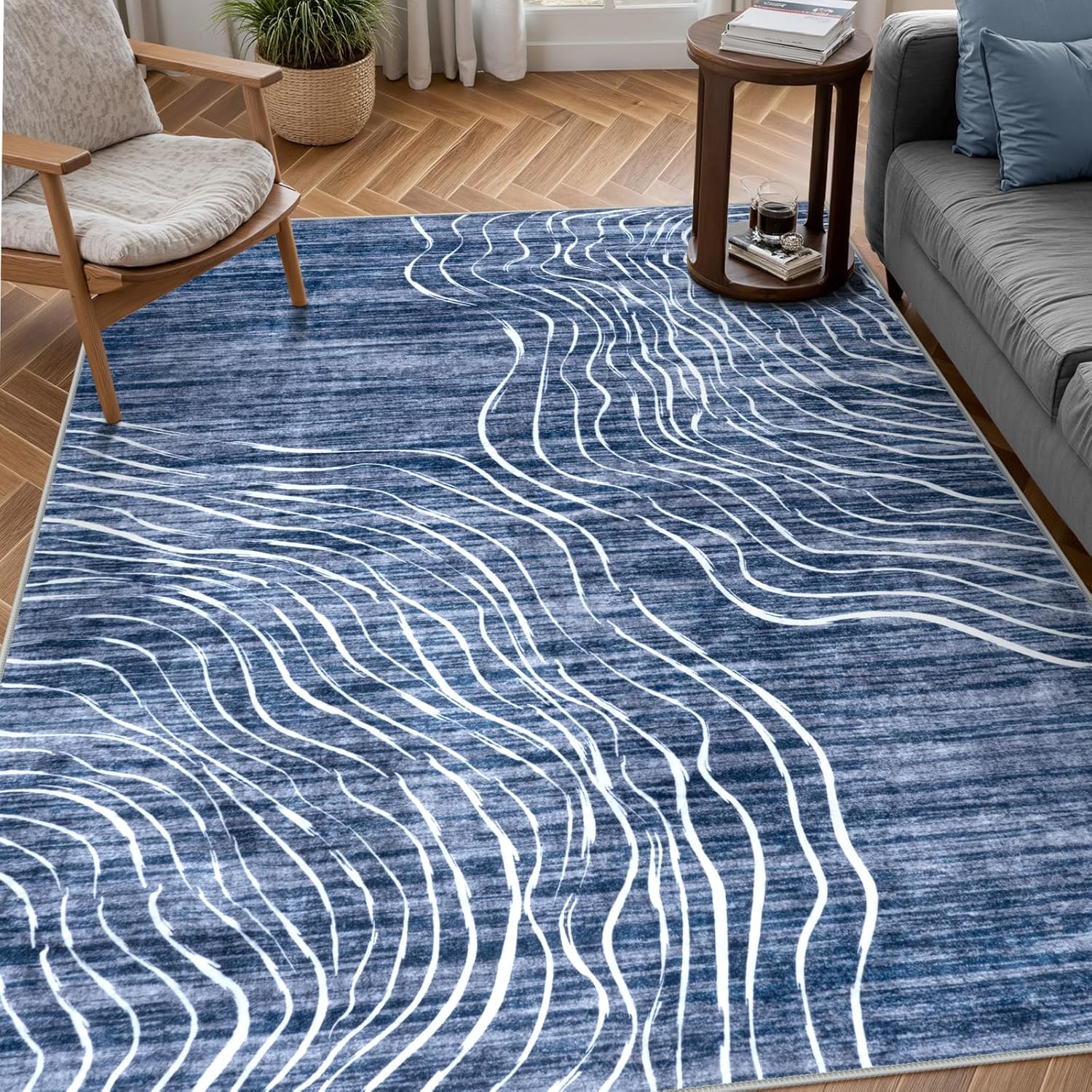 LIVEBOX Machine Washable Modern Abstract 6x9 Area Rug, Non Slip Large Bedroom Living Room Nursery Girl Rug Minimalist Wave Striped Neutral Boys Rug, Carpet for Dining Room Playroom(Navy Blue,6'x9')