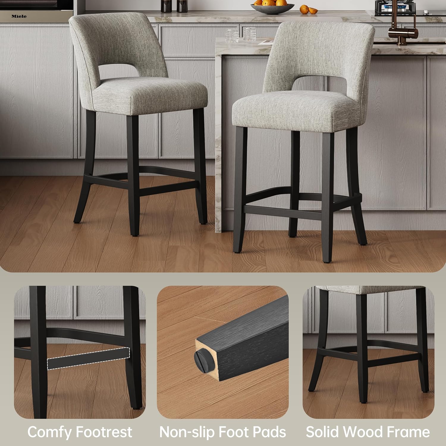 keoni 26'' Counter Height Bar Stools Set of 4, Upholstered Bar Stools with Black Wood Legs, Modern Counter Stools with Back for Kitchen Island and Bar, Light Gray