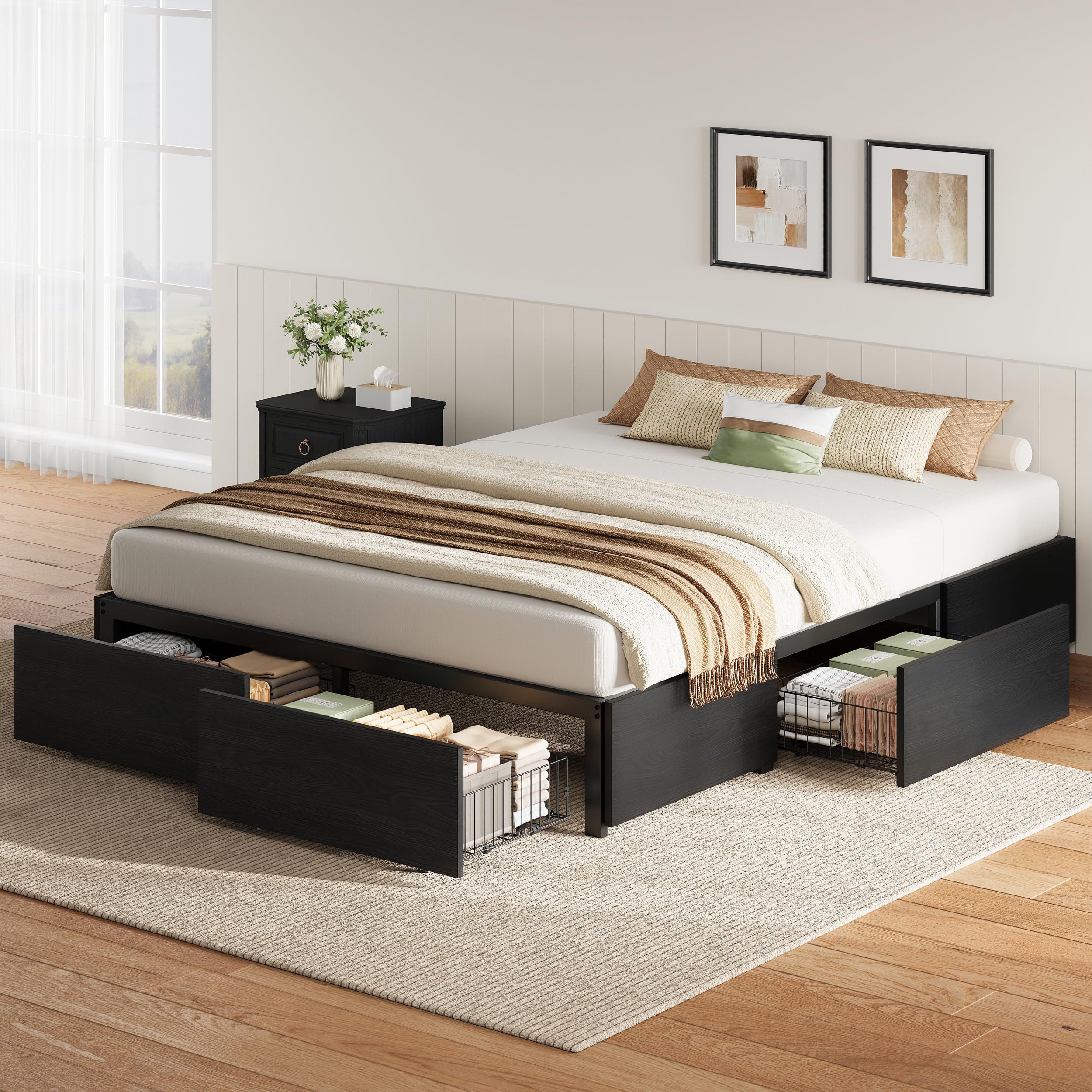 LIKIMIO Queen Bed Frame with 4 Storage Drawers