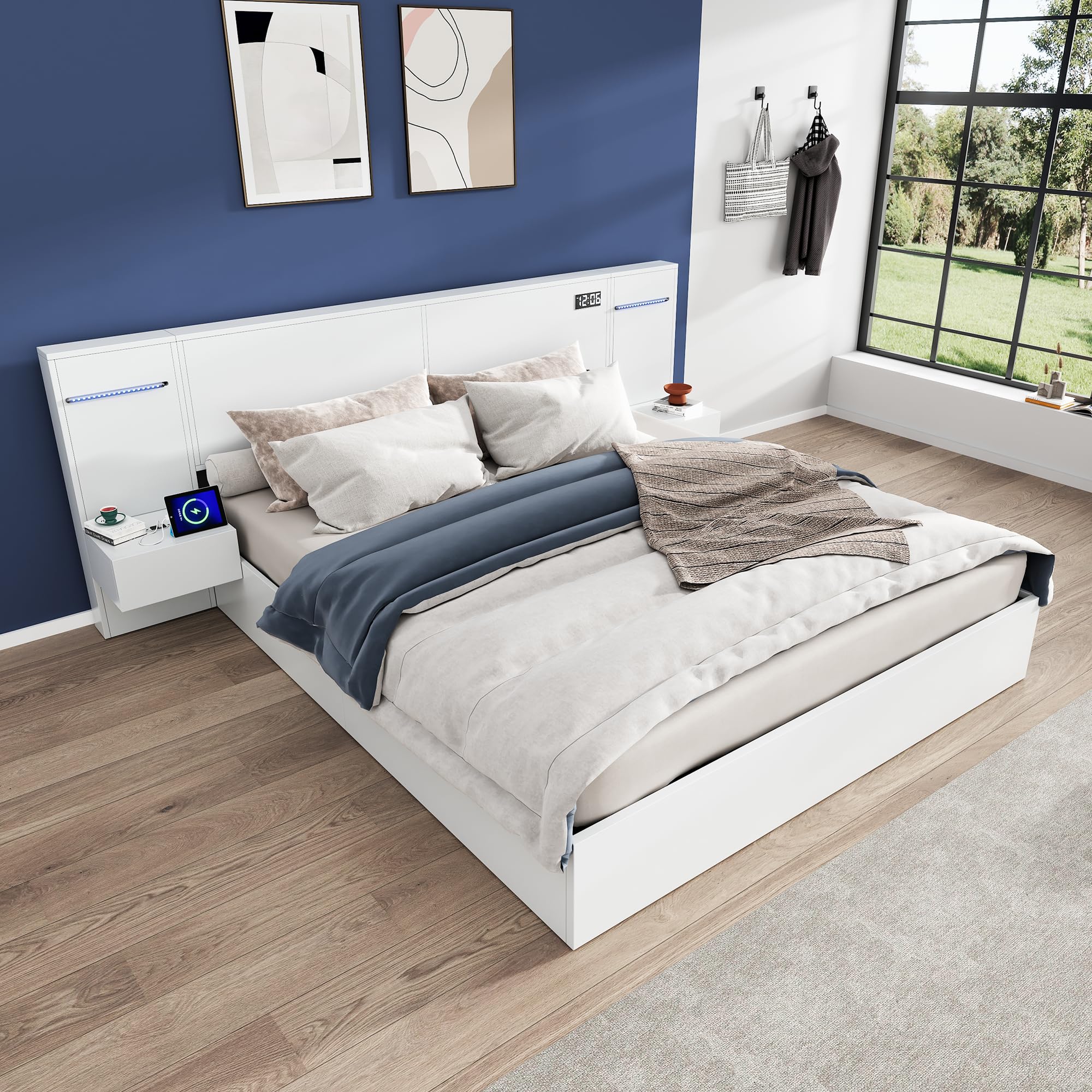 Estructura de Cama de Madera 160x200cm Cama King Size con Dos Mesitas de Noche Cabecero Repisas Base Estables Muebles Cama con Almacenamiento Dormitorio Matrimonial Adultos Blanca
