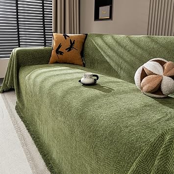 Chenille Couch Cover for Sofa Non Slip Cover Washable Pet Scratch Couch Covers Tassel Sofa Slipcover for 3 Cushion Couch Furniture Protector Blanket for Living Room,Green 91"x118"