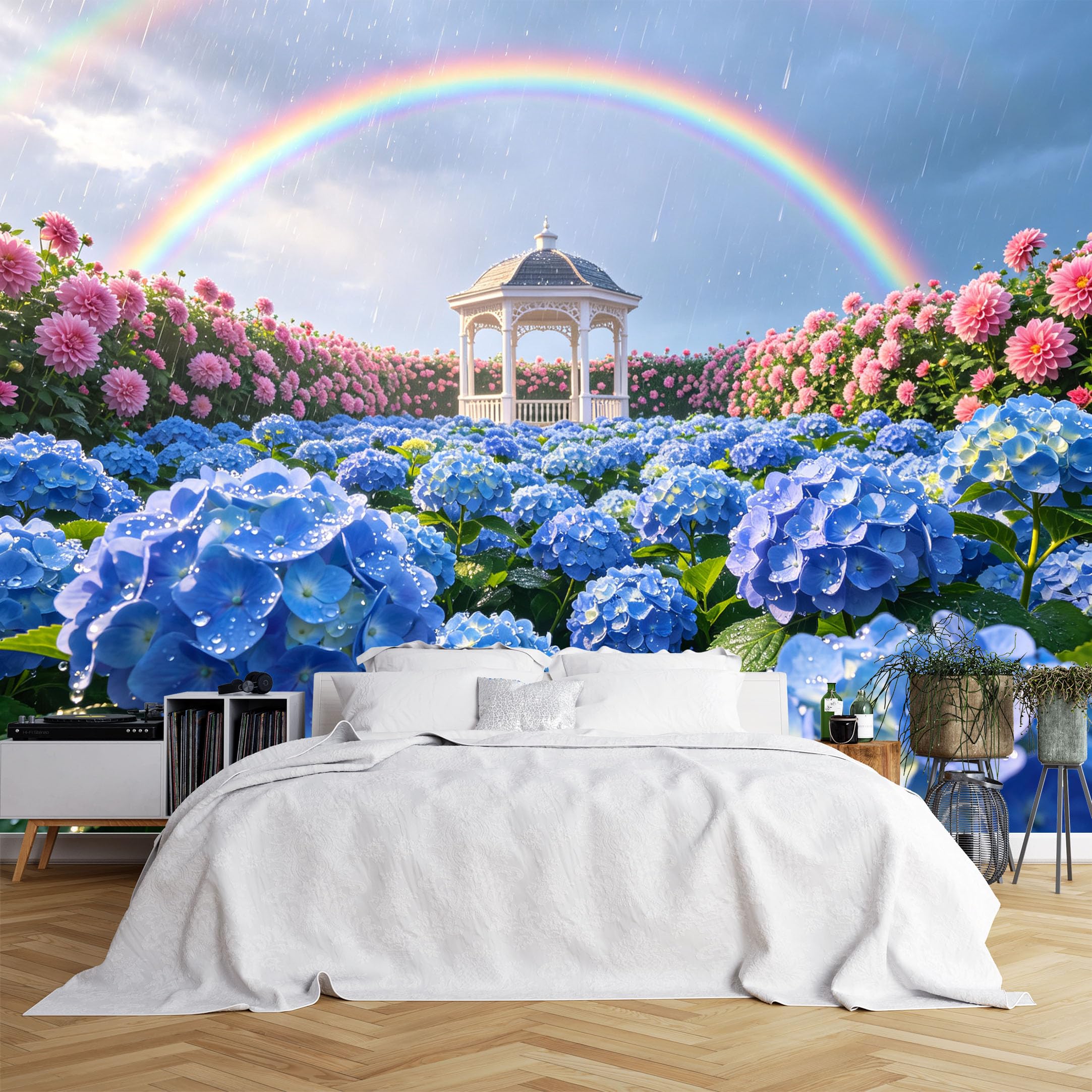 Lcythiazole Ch260615238 Custom Size Wall Murals Hydrangea Flower Garden Rainbow Rain Gazebo Hd Wall Covering Fabric Self-Adhesive Wall Fabric (No Pvc) Removable Wallpaper