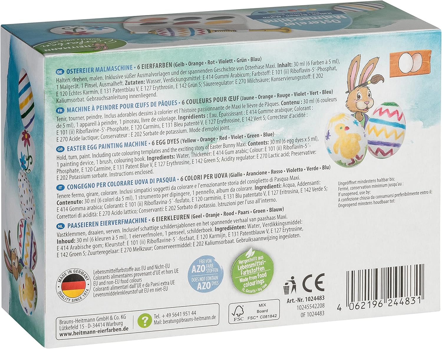 Easter Egg Painting Machine, 6 Egg Colours (Yellow, Orange, Red, Purple, Green, Blue) AZO-Free - Includes Colouring Book