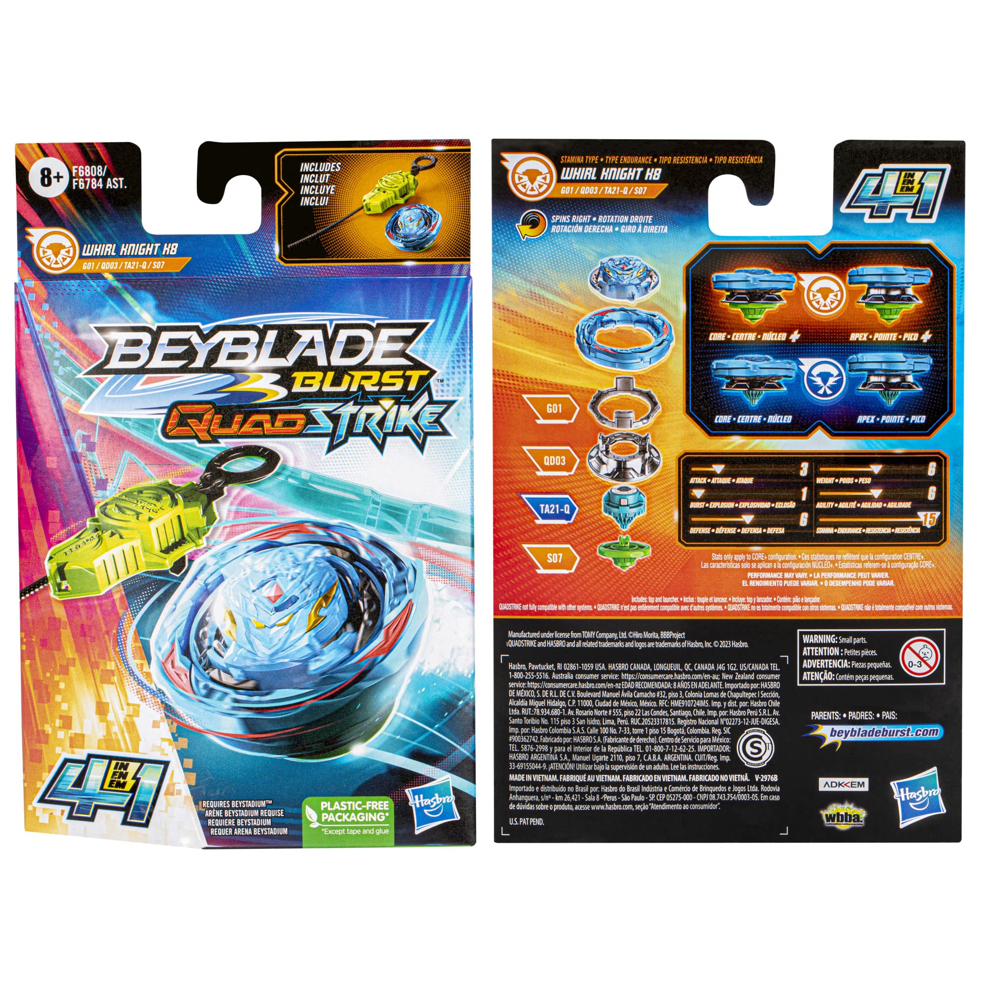 Beyblade Burst QuadStrike, Starter Pack avec toupie de compétition Whirl Knight K8 et Lanceur