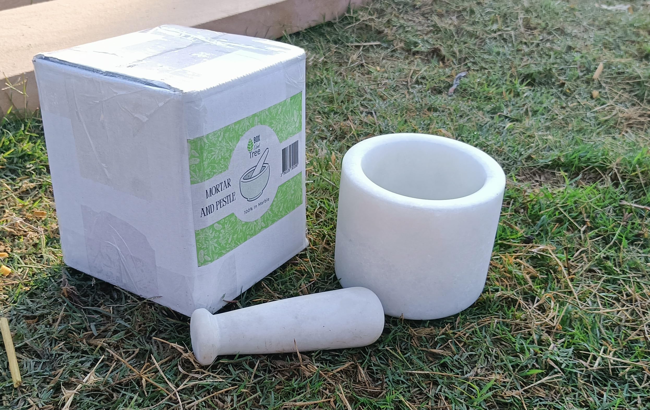 Gran mortero y mortero de mármol blanco natural artesanal hecho a mano - (Blanco, 13cm)