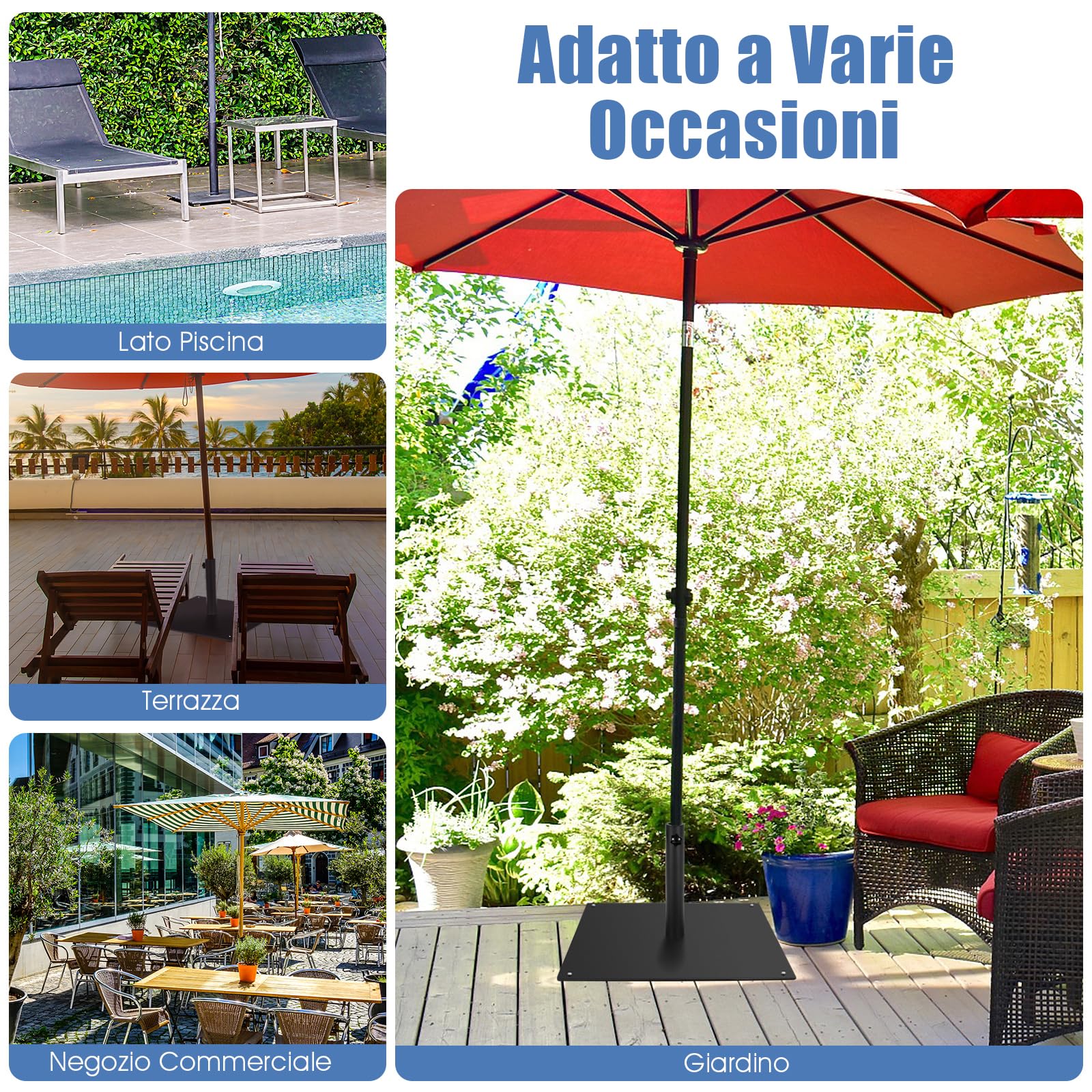 COSTWAY Base per Ombrellone Quadrata 50 cm, 16 kg con 4 Piedini Regolabili, Adattatori da 4cm/5cm, Supporto Ombrellone Installazione Veloce, per Patio Piscina (Nero)