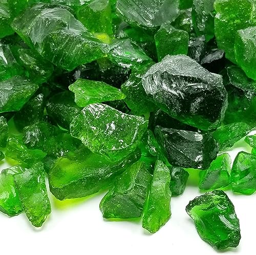 Cristal de fuego triturado para interiores y exteriores (5 libras, color verde esmeralda, tamaño grande de 12, 34 y 1 pulgada de grosor, vidrio para