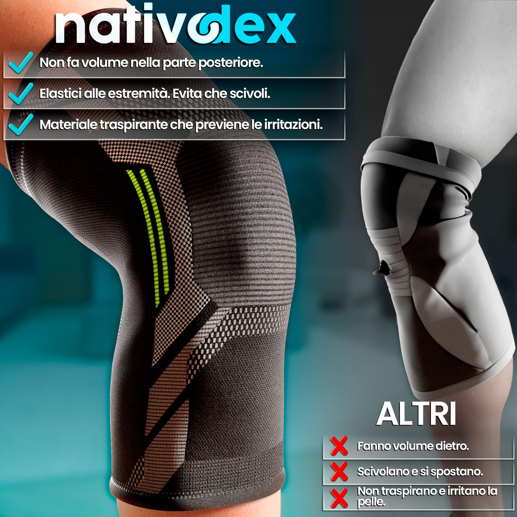 NativoDex Ginocchiera Stabilizzante di Supporto per Menisco e Legamenti - Tutore Ginocchio Antiscivolo di Compressione per Uomo e Donna - Ginocchiere Palestra