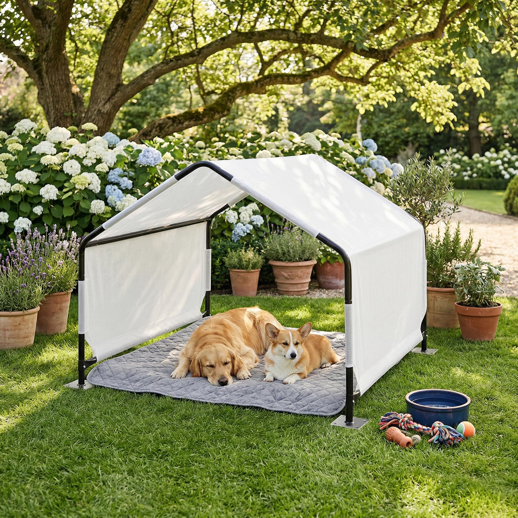 [en.​casa] Tienda de Campaña para Perros Valevali para Jardín Caseta para Mascotas con Techo y Paredes Laterales Estructura de Acero Lona Impermeable 122 x 122 x 90 cm - Negro/​Blanco