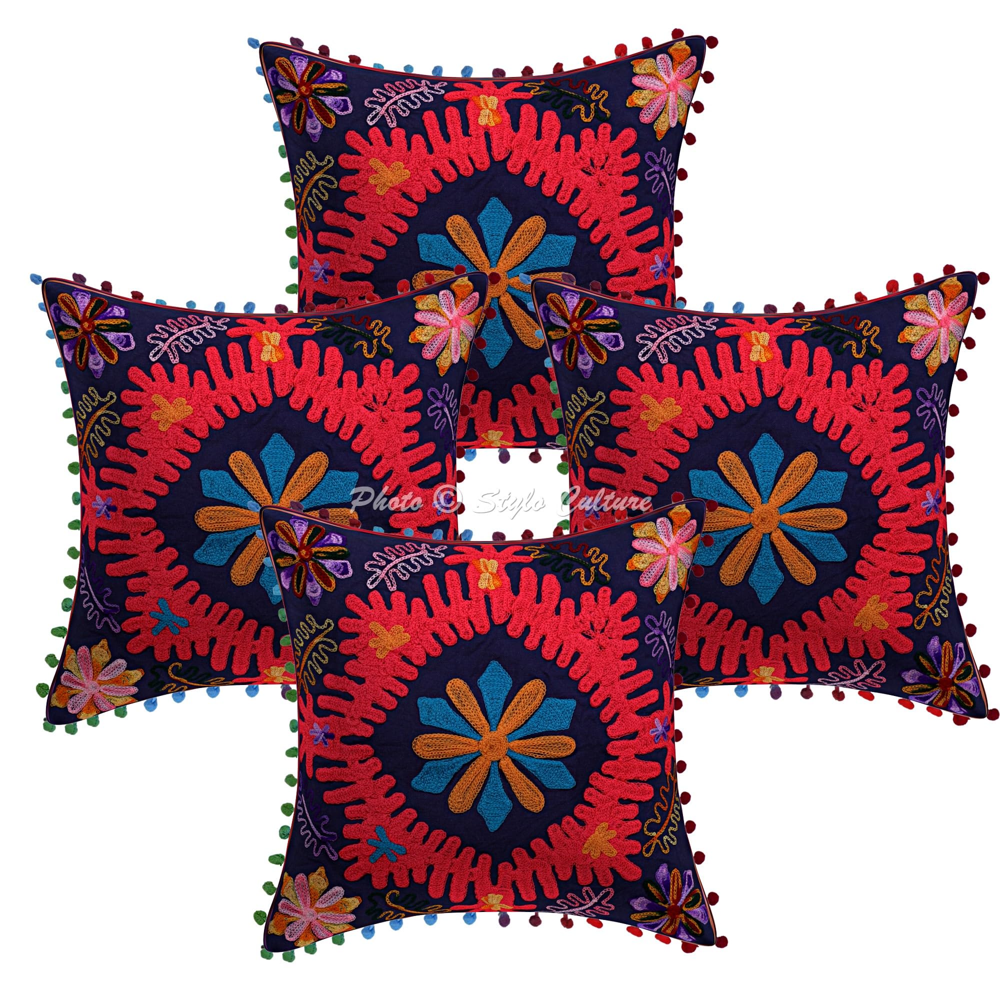 Bohemien Dekorativ Baumwolle Couch Kissenbezüge 40x40 cm Dunkelblau Dekokissen Suzani Bestickte Pom Pom Spitze Schlafzimmer Sofa Kissen Bezüge Blumen Quadrat Kissenhullen - 4 STK.