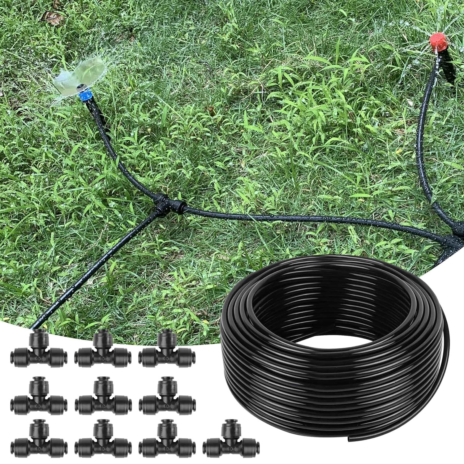 50FT 1/2 Inch Drip Irrigation Tubing with 4 Pack 1/2" to 1/4" Drip Irrigation Fittings, Drip Line Hose & Push-to-Fit 6 Way Splitter Connectors,for Drip Irrigation Parts, Drip Irrigation System