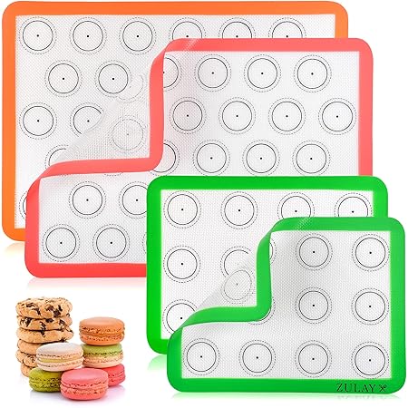 Zulay (Set of 4) Silicone Baking Mat - Macaron Silicone Baking Mats With Pre-printed Template Design - Non Stick & Reusable Silicone Baking Sheet - 2 Half Size + 2 Quarter Size (Assorted)