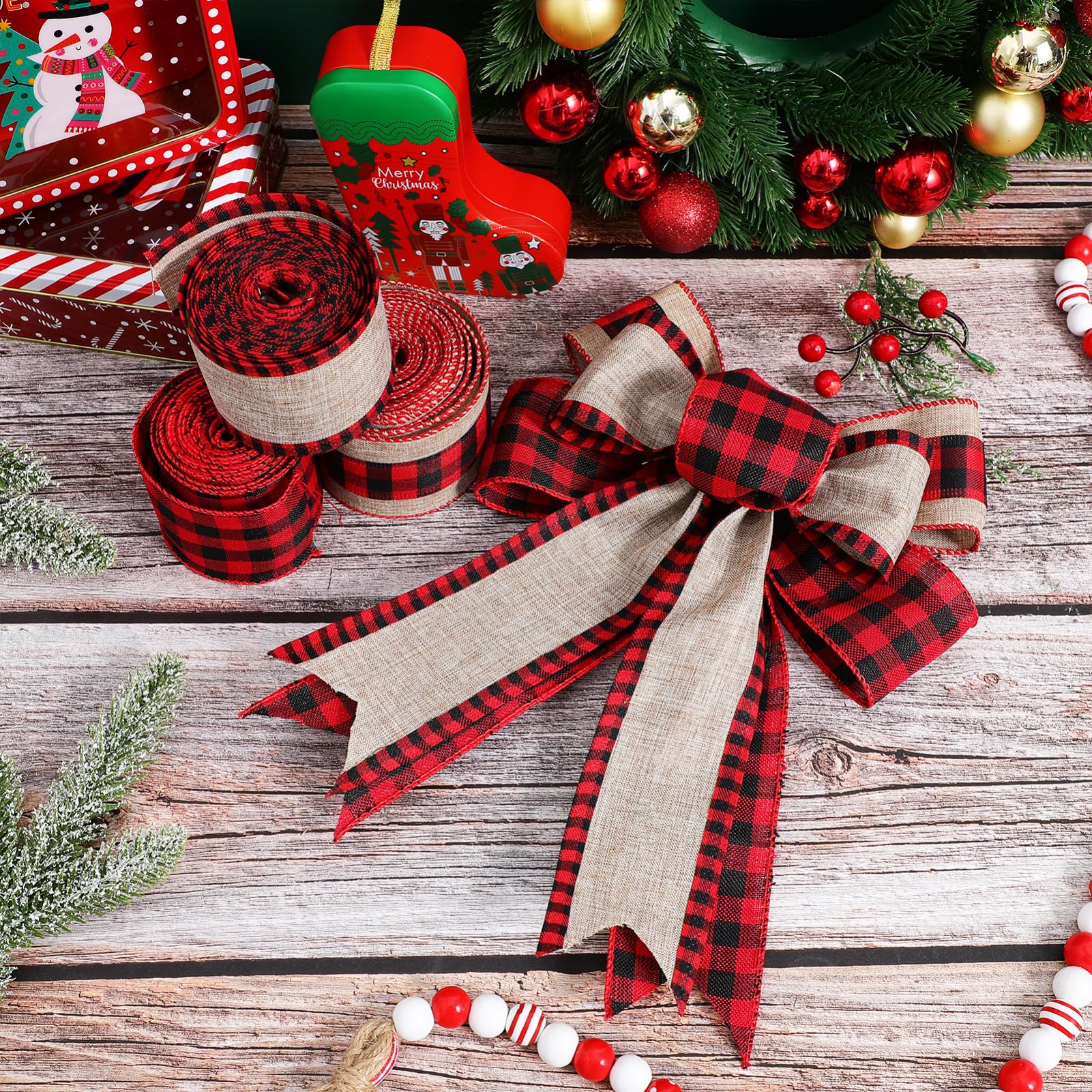 minkissy 3 Rolls Christmas Burlap Ribbon, 5 Yards Buffalo Plaid Ribbon - Image 2