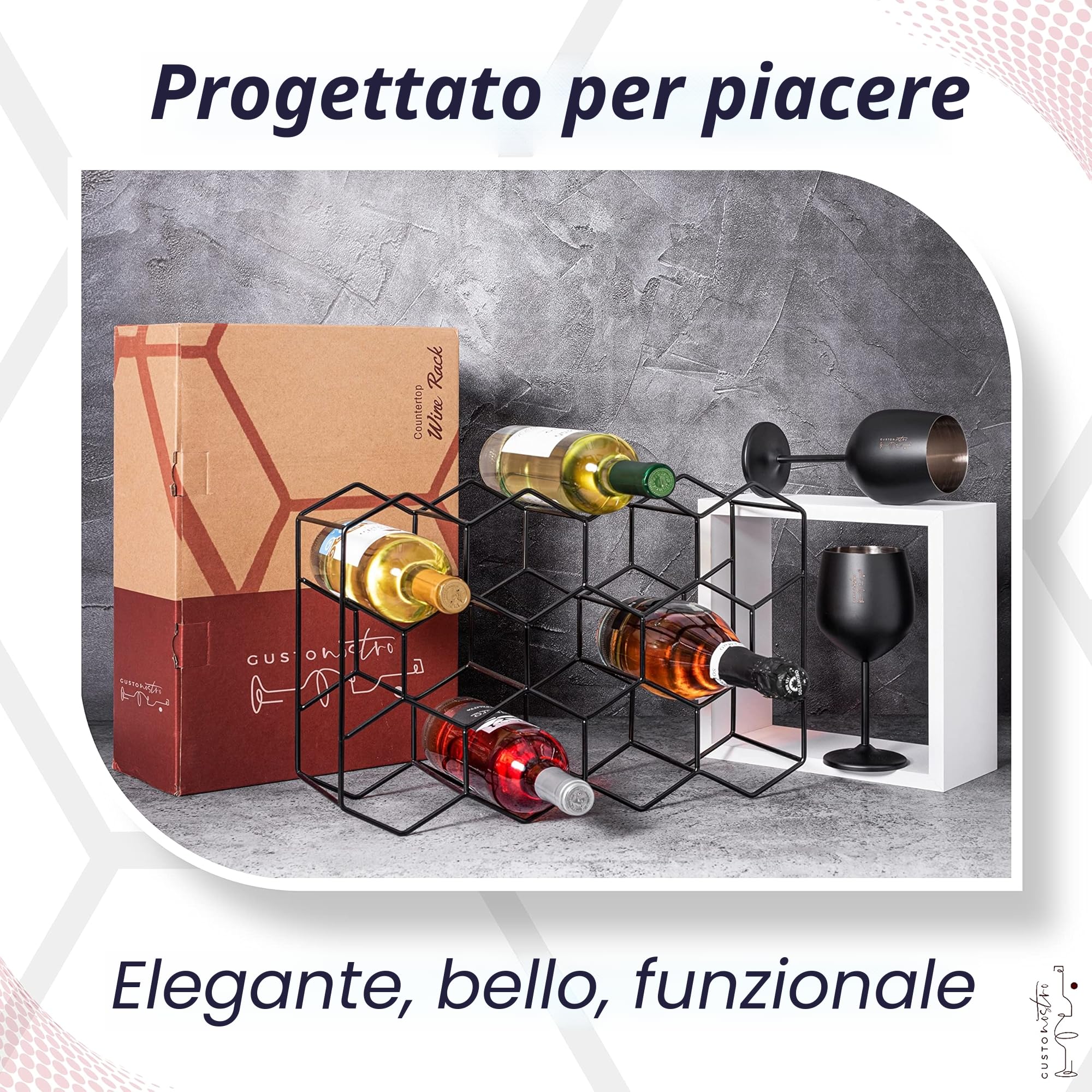 Gusto Nostro Portabottiglie da Tavolo - Portabottiglie in Metallo Nero da 14 Bottiglie – Porta Bottiglie Moderno a 3 Ripiani per Mobili e Dispensa, Porta Vini Freestanding - Senza Assemblaggio