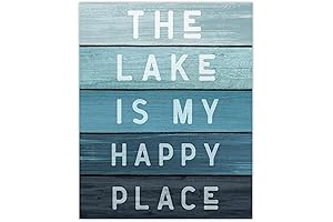 Framed Wall Art Print with "Lake Happy Place" Quote for Home, Office, and More